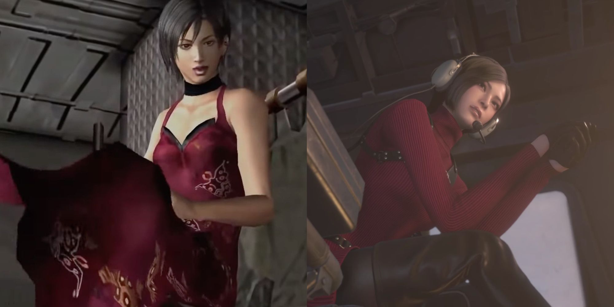Eine Collage von Ada Wong in einem Kleid im Hubschrauber am Ende des Originalspiels und im Hubschrauber mit ihrem neuen Outfit in Resident Evil 4 Remake.