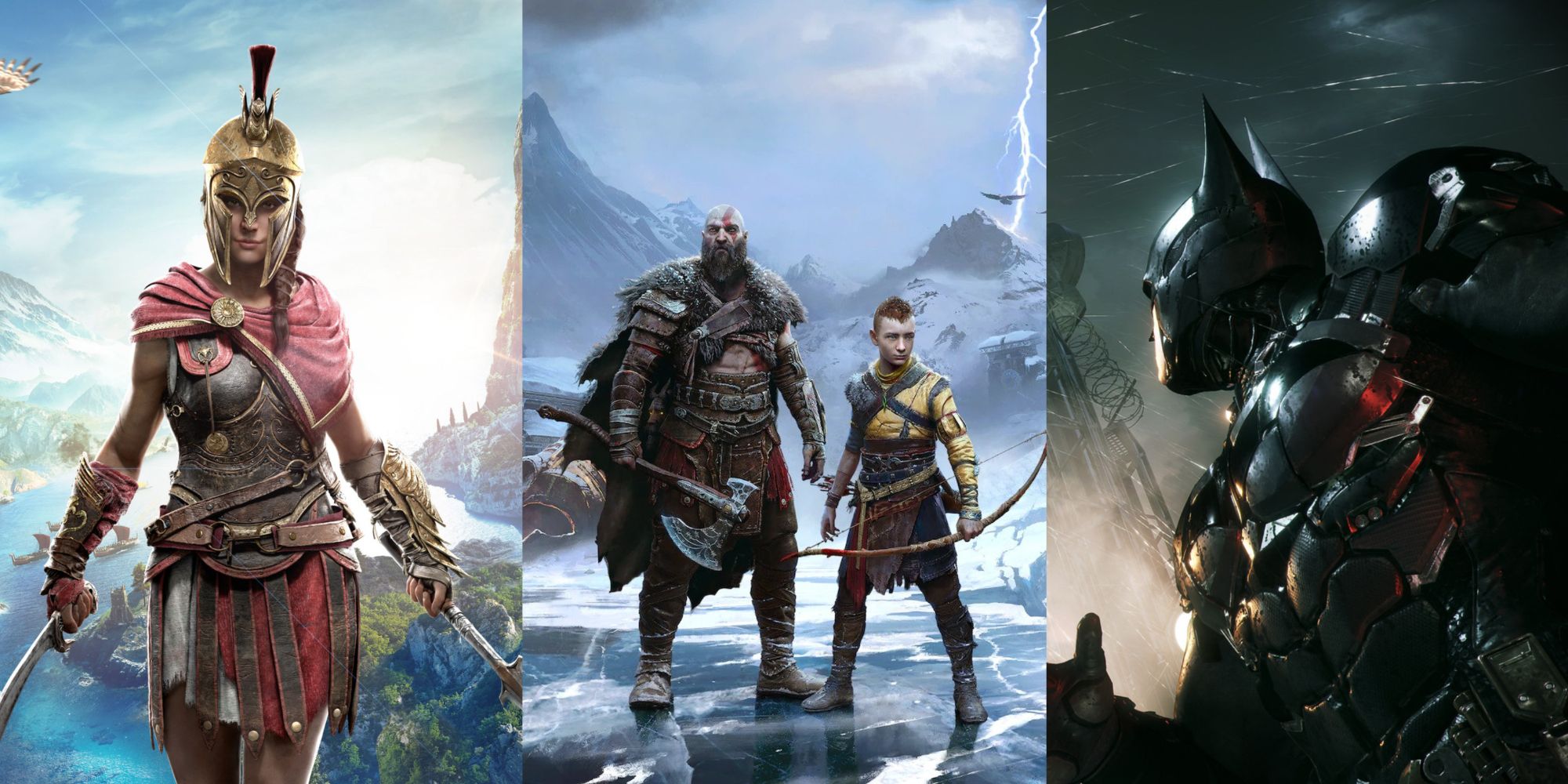 Assassin's Creed Odyssey Kassandra, God of War Kratos and Atreus, Batman Arkham knight