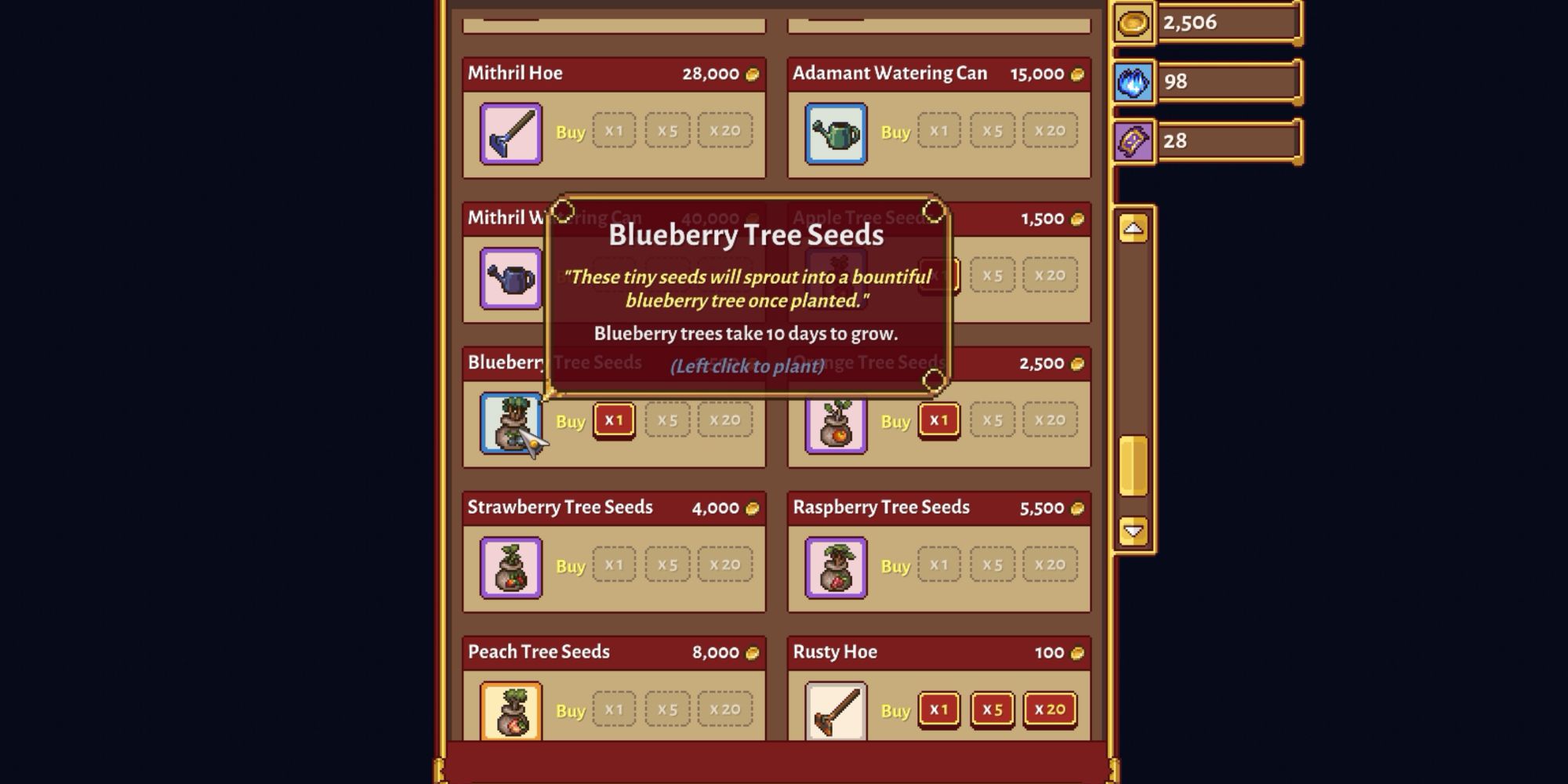 Sun Haven: store seed selection featuring blueberry