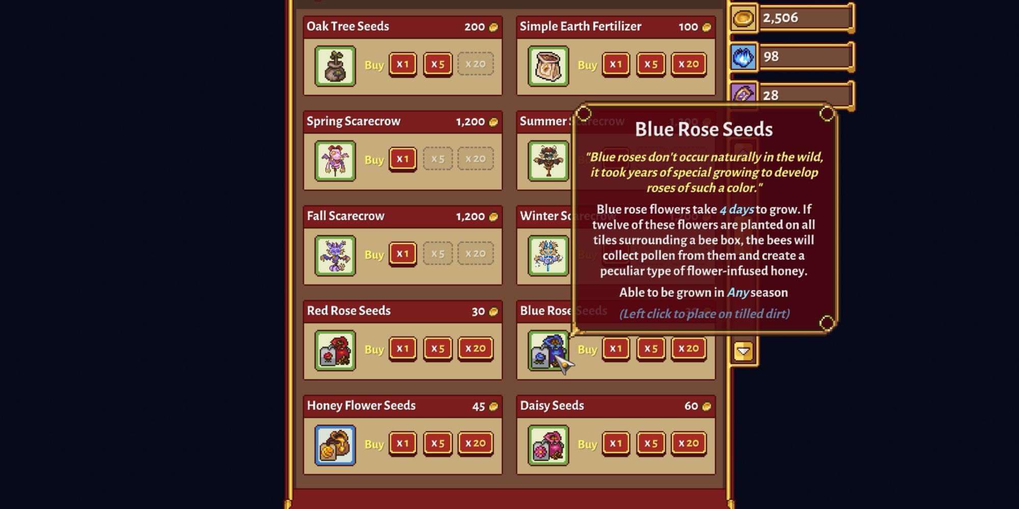 Sun Haven: seed selection featuring blue roses