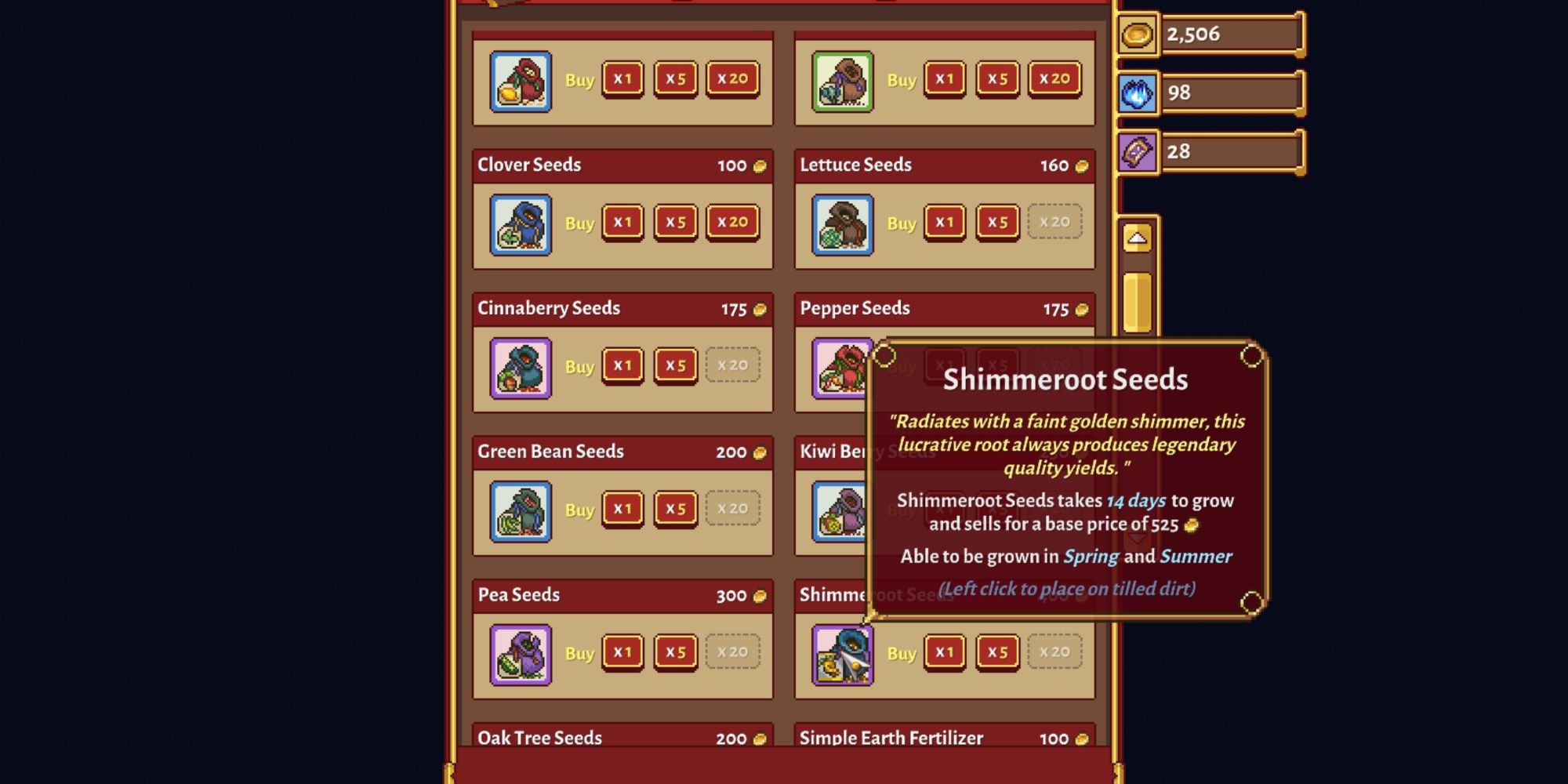 Sun Haven: seed selection featuring the fictional Shimmeroot