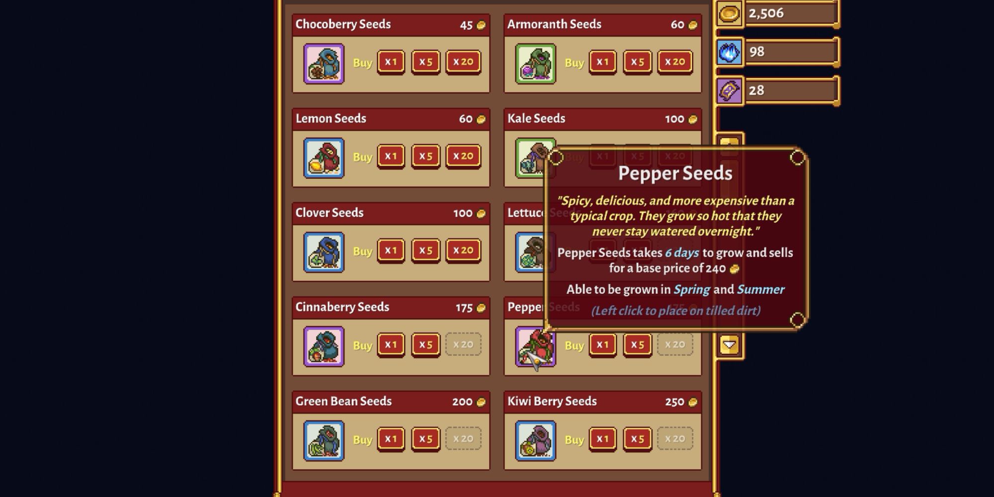 Sun Haven: seed selection featuring pepper seeds