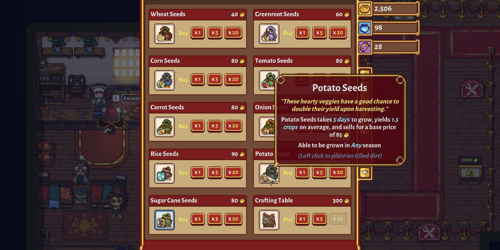 Sun Haven: general store selection featuring potato seeds