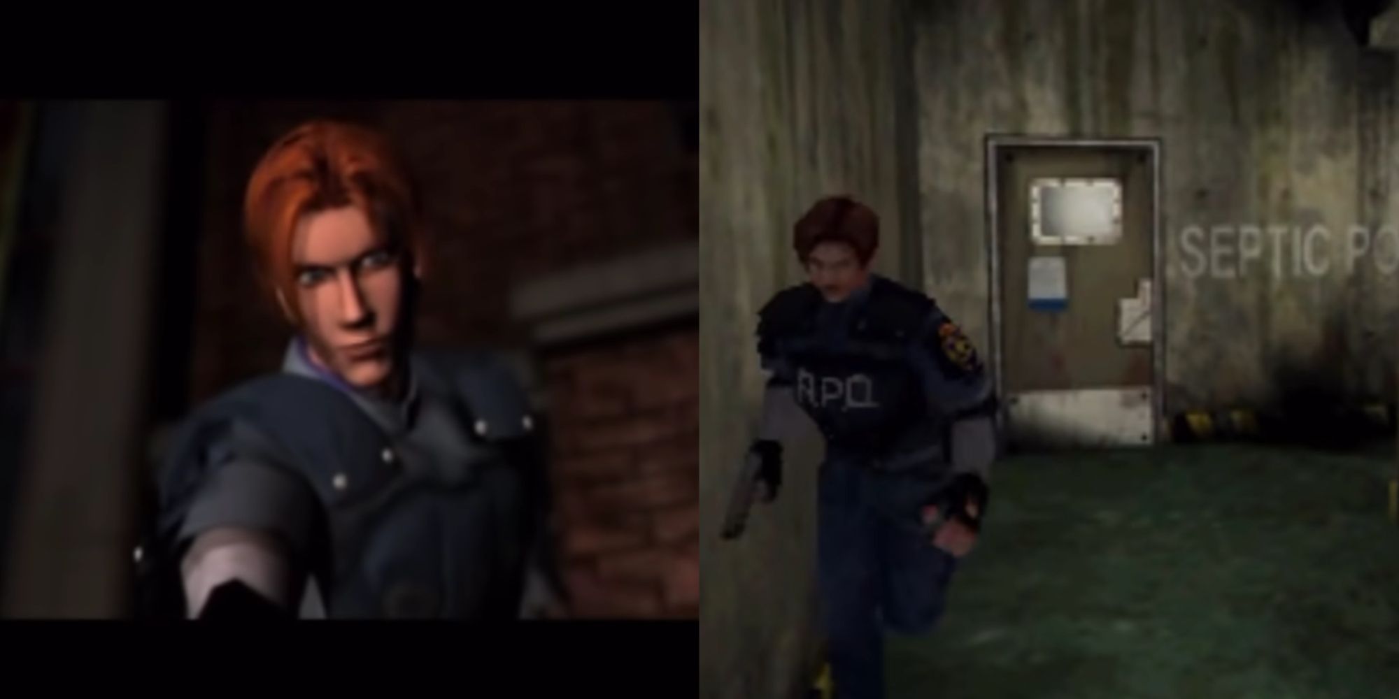 A split image of the 1998 Leon Kennedy version in the opening cutscene, and the in-game Leon running in the station.