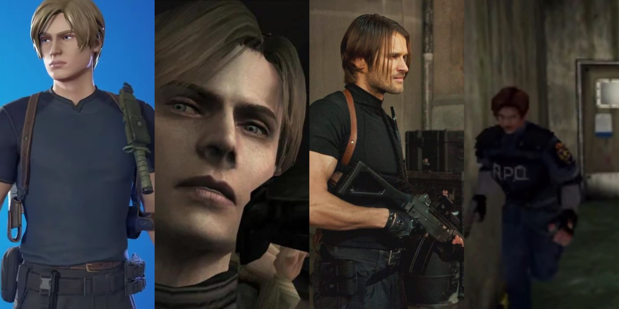 A four-image collage of Leon Kennedy in Fortnite, in the 2005 Resident Evil 4, in the Resident Evil: Retribution film, and in 1998's Resident Evil 2. 