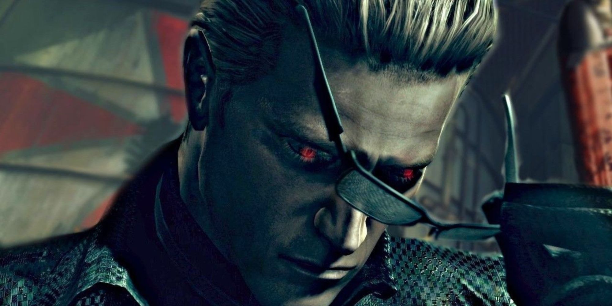 Wesker Removing His Sunglasses to Reveal His Red Eyes in Resident Evil 5.