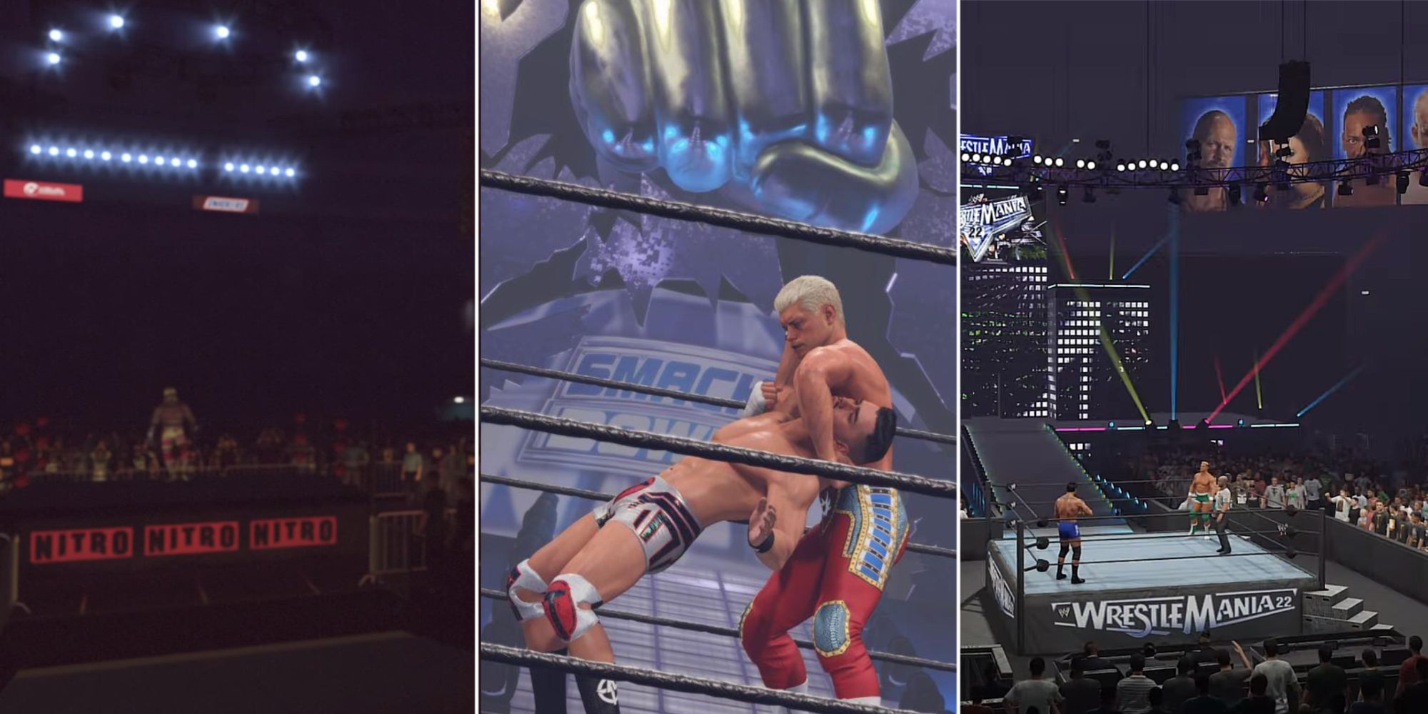 Hulk Hogan stands in the WCW Monday Nitro ring, Cody Rhodes goes for his finisher at SmackDown 2002, and two wrestlers stand across from each other in the ring of WrestleMania 22 in WWE 2K23.