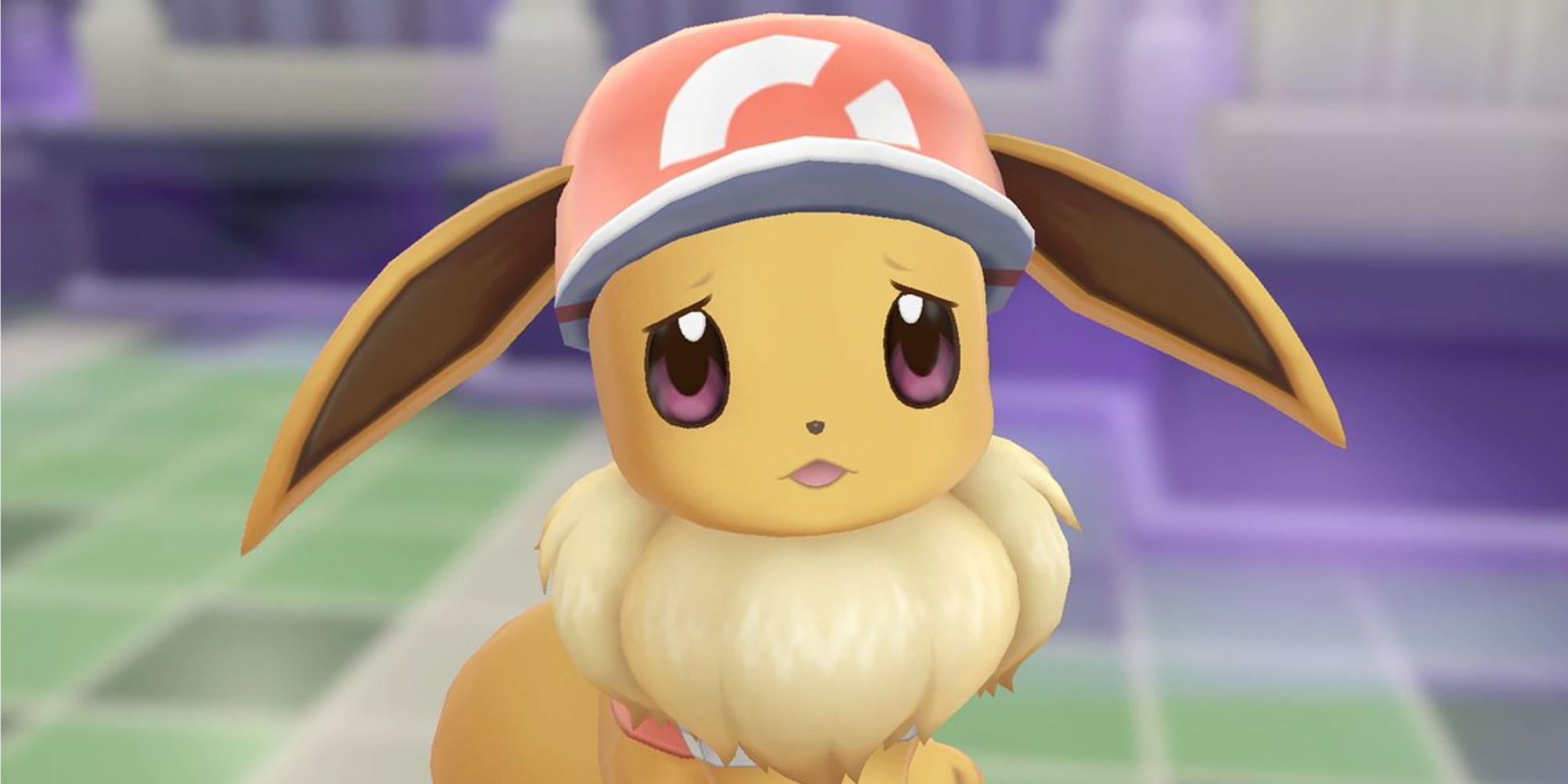 Trauriger Evoli mit Hut in Pokémon, lass uns gehen