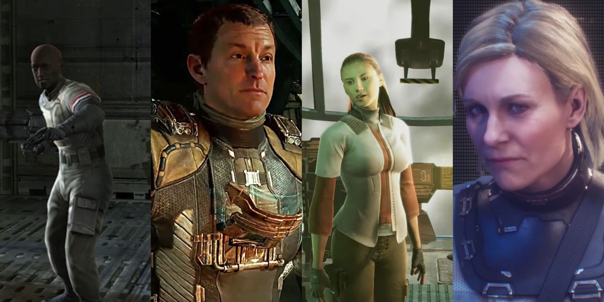 A four-image collage of Zach Hammond from Dead Space 2008, Isaac from the Remake, Kendra Daniels from the 2008 game, and Nicole Brennan from the Remake.
