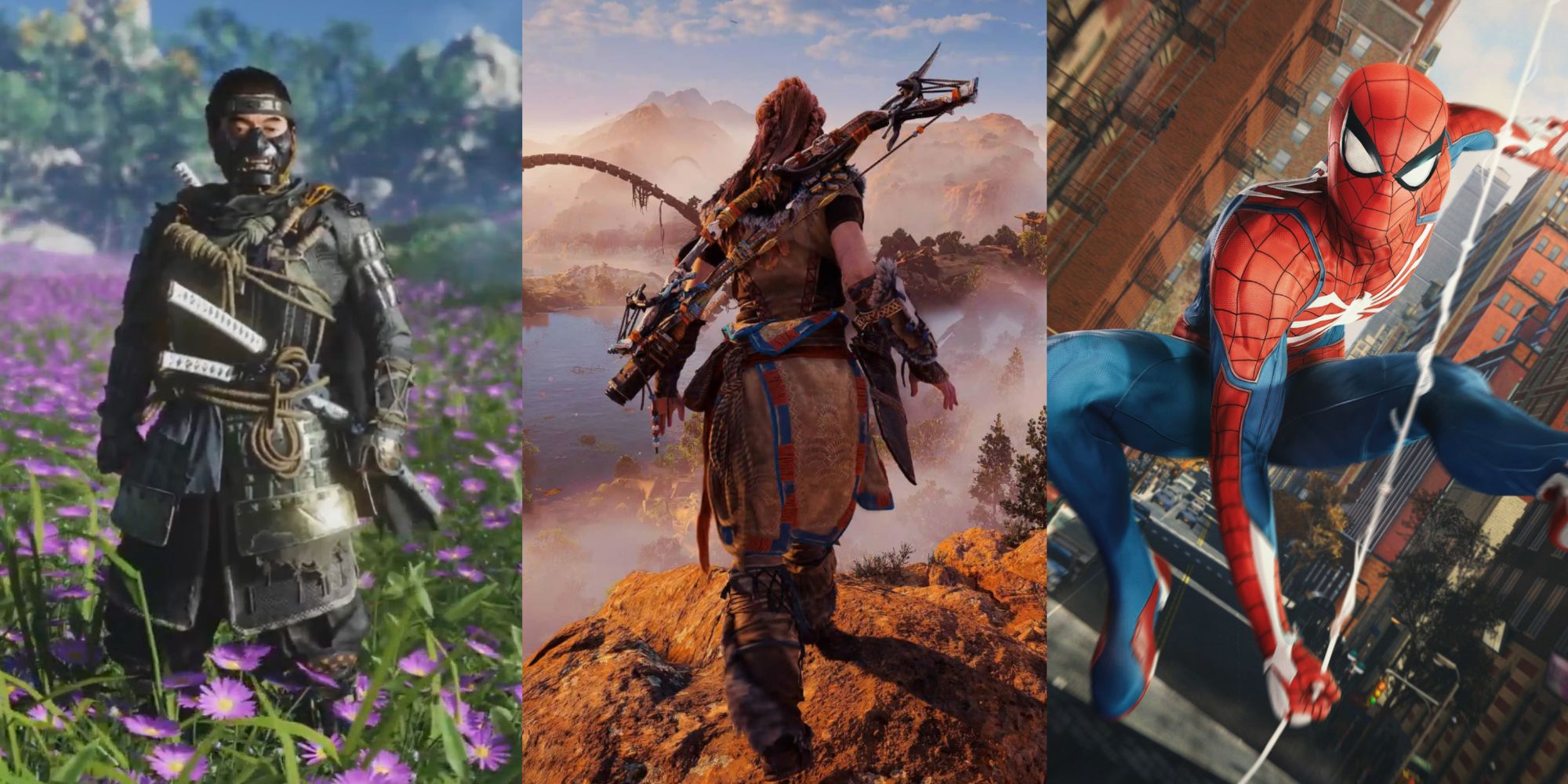 Collage of Best Open-World Games On PS Plus Extra, featuring Ghost of Tsushima: Director's Cut, Horizon Forbidden West, and Marvel's Spider-Man Remastered