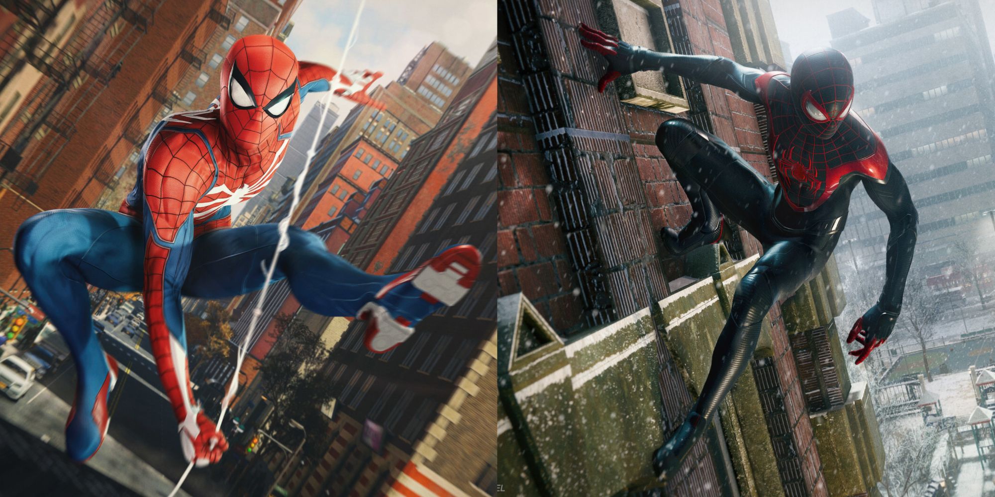 Collage of Peter Parker webslinging and Miles Morales wall crawling in Marvel's Spider-Man Remastered and Marvel's Spider-Man Miles Morales