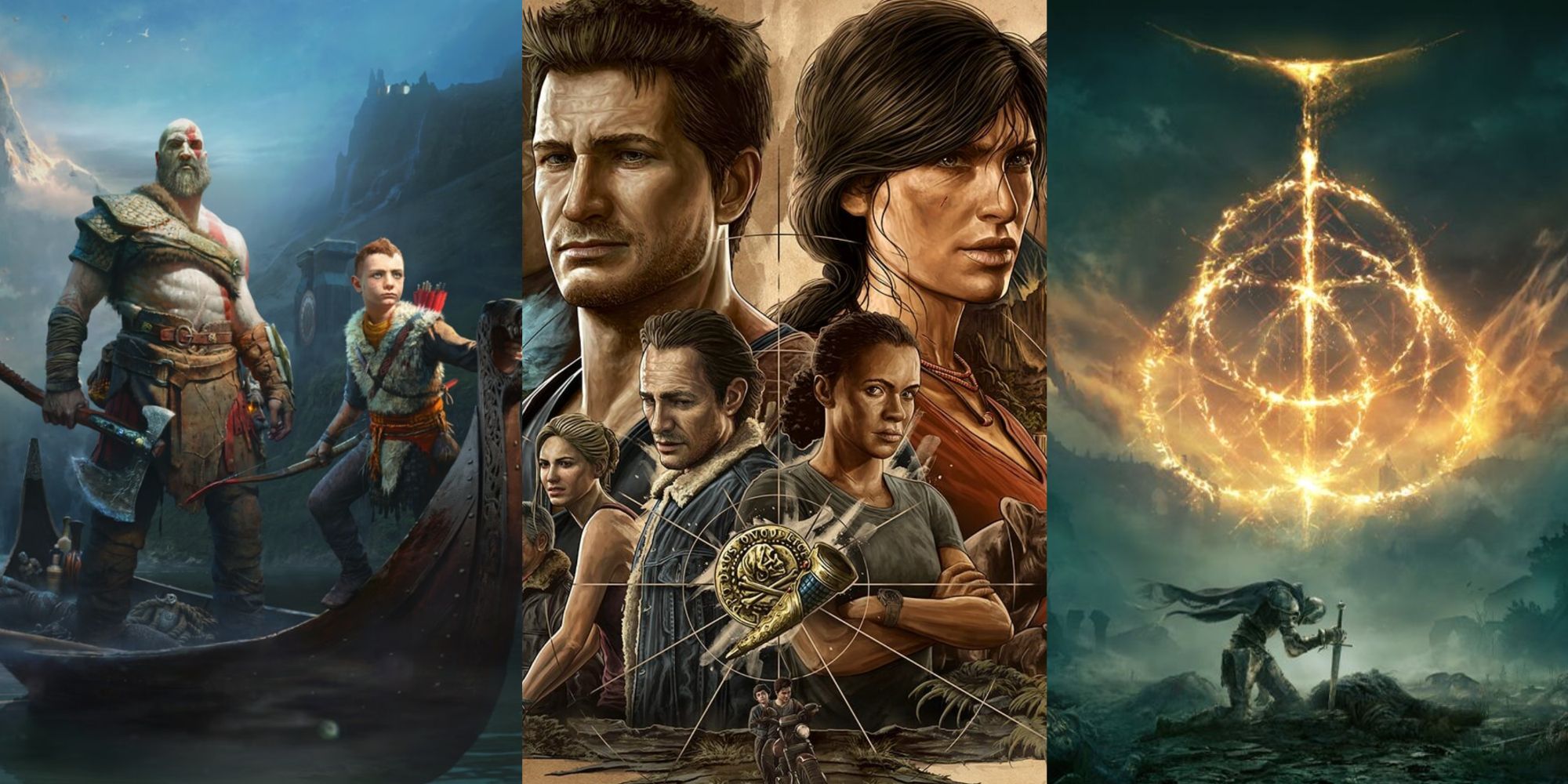 Collage of the Best Action Games On The Steam Deck, featuring God of War, Uncharted: Legacy of Thieves Collection, and Elden Ring
