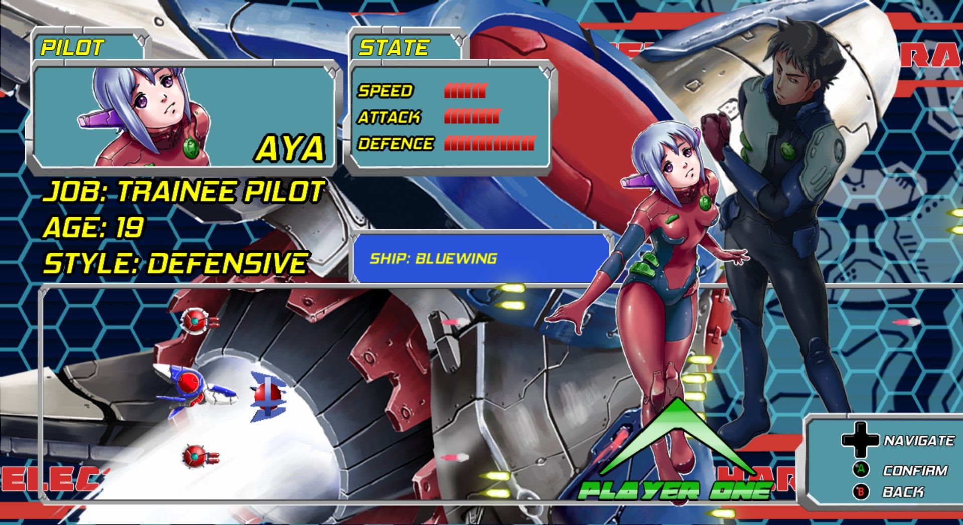 Экран выбора персонажа, показывающий характеристики Айи в Wings Of Bluestar.