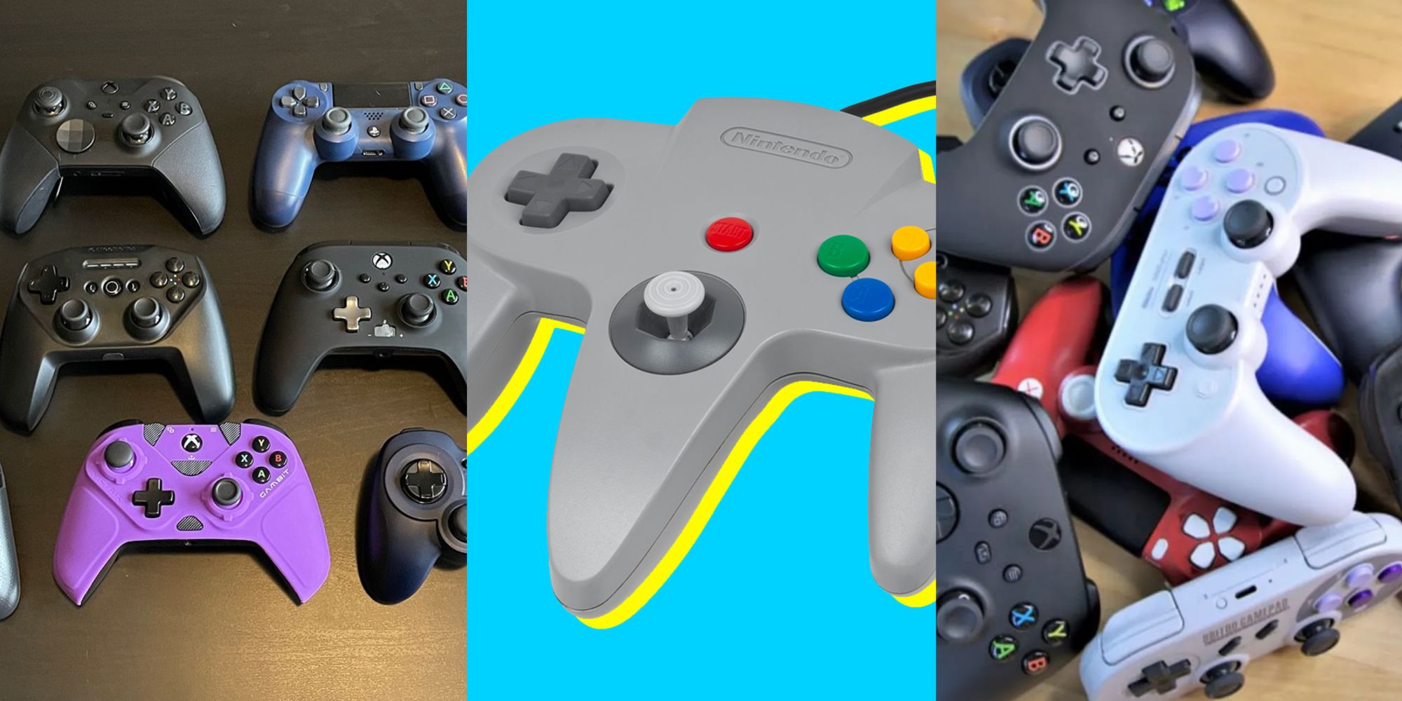 A collage of game controllers throughout gaming history