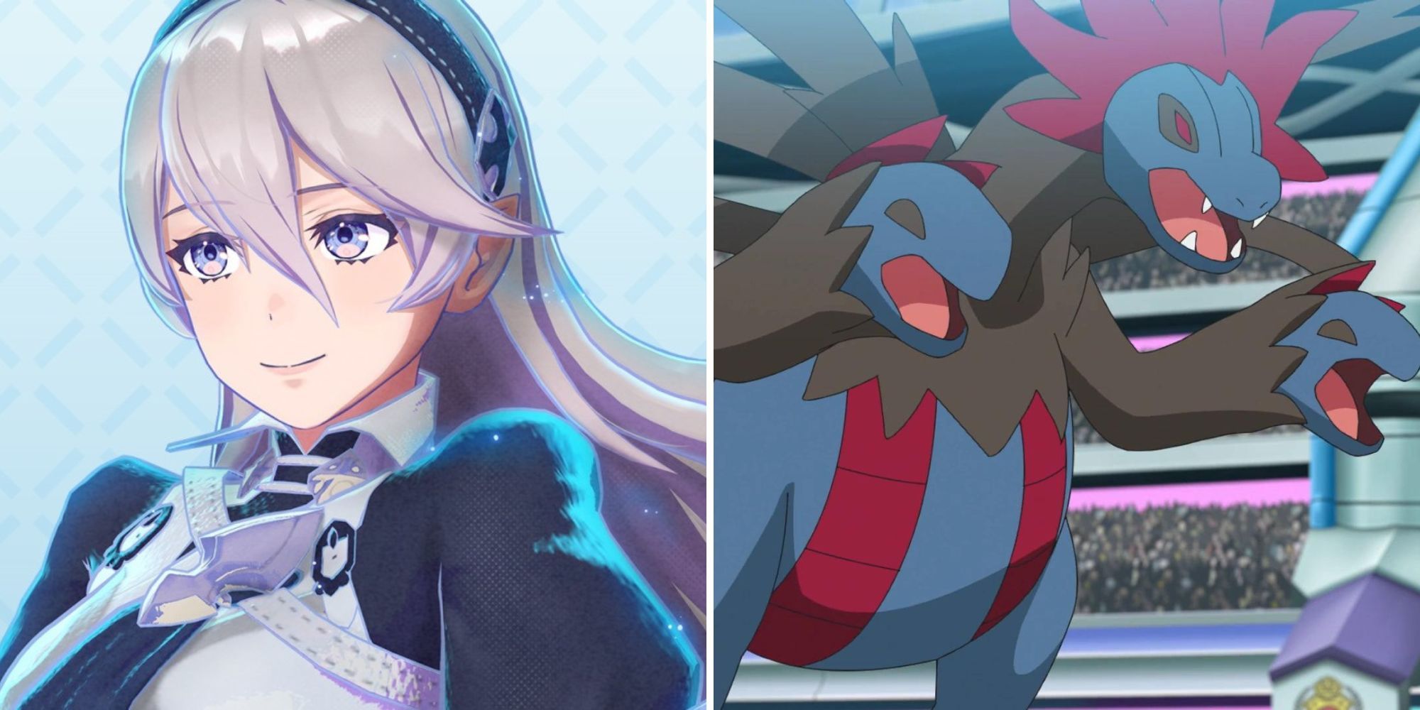 Emblem Corrin stands in front of a blue background and Hydreigon battles in a stadium full of people