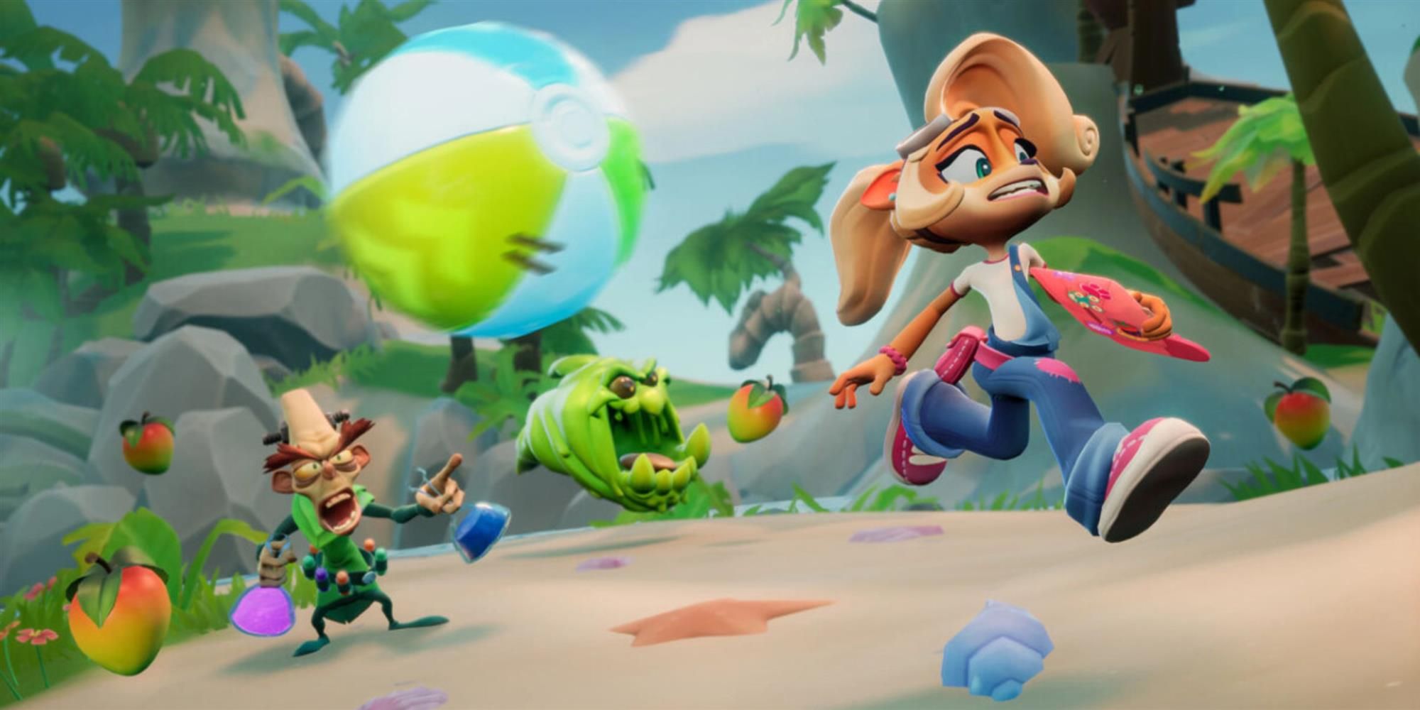 A character using the Beach Ball power-up, while N. Brio attacks Coco in Crash Team Rumble
