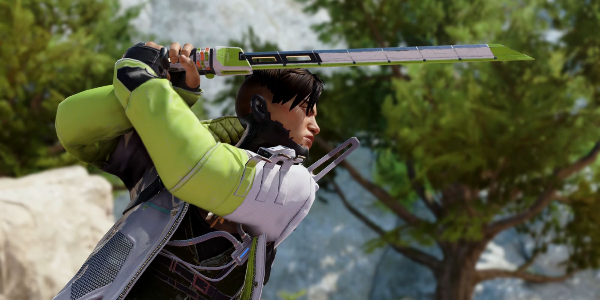An image of Crypto's Heirloom from Apex Legends, a green and white blade with a hilt made out of electronics. 