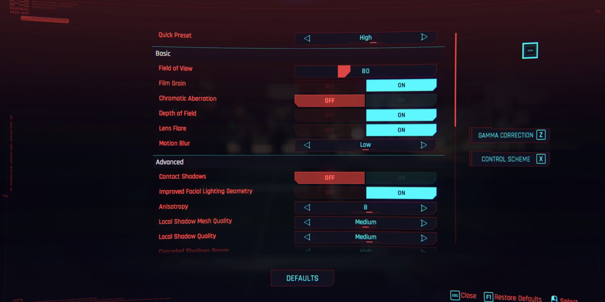 Cyberpunk 2077 graphic settings screen