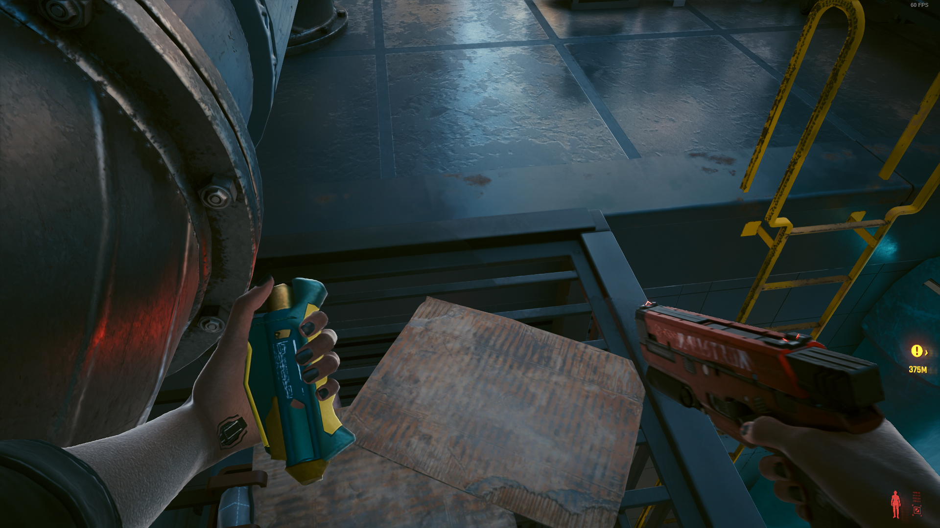 V about to inject herself with some health meds in Cyberpunk 2077