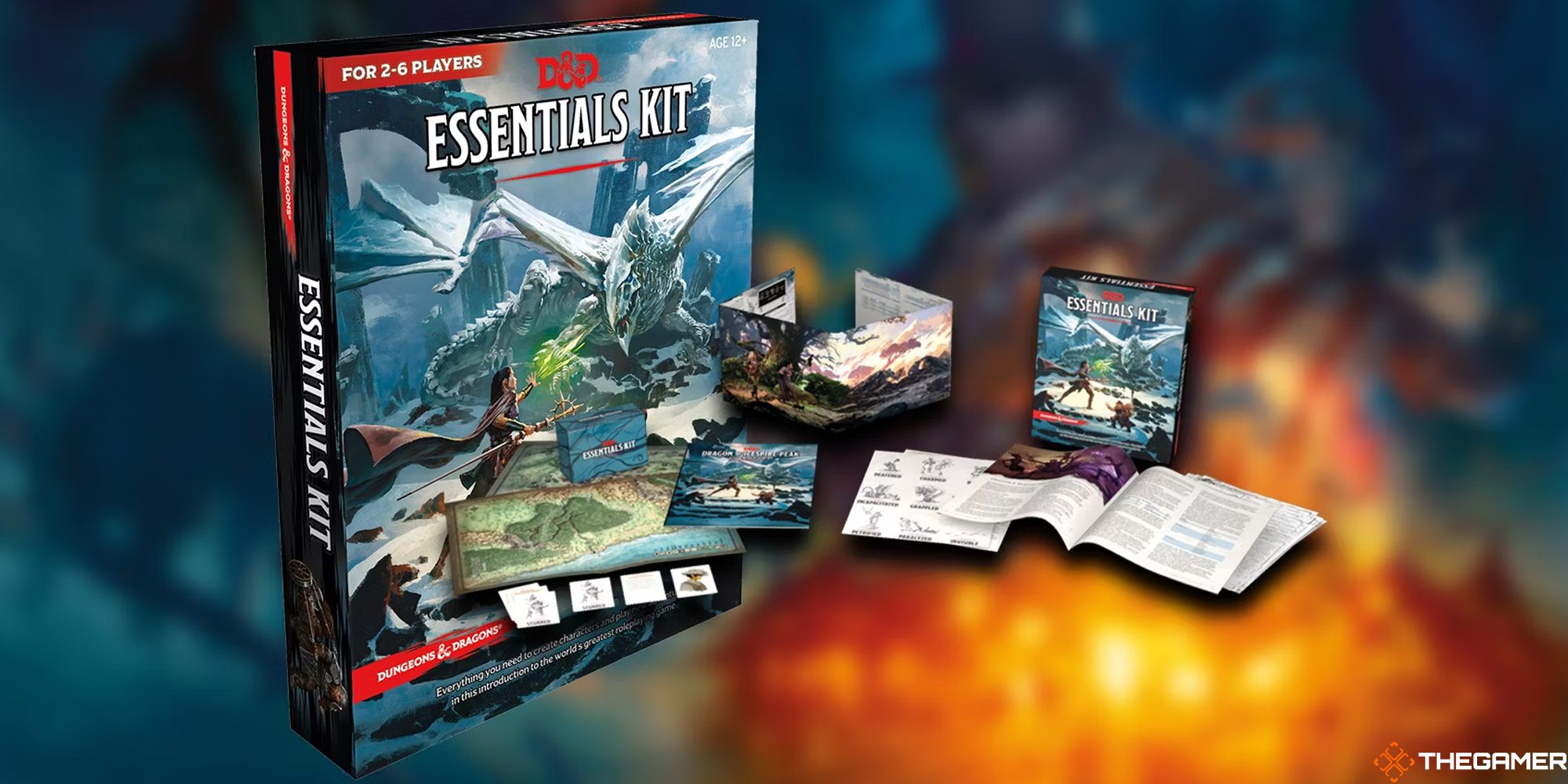 The D&D Essentials Kit, external cover with box art and contents in the background