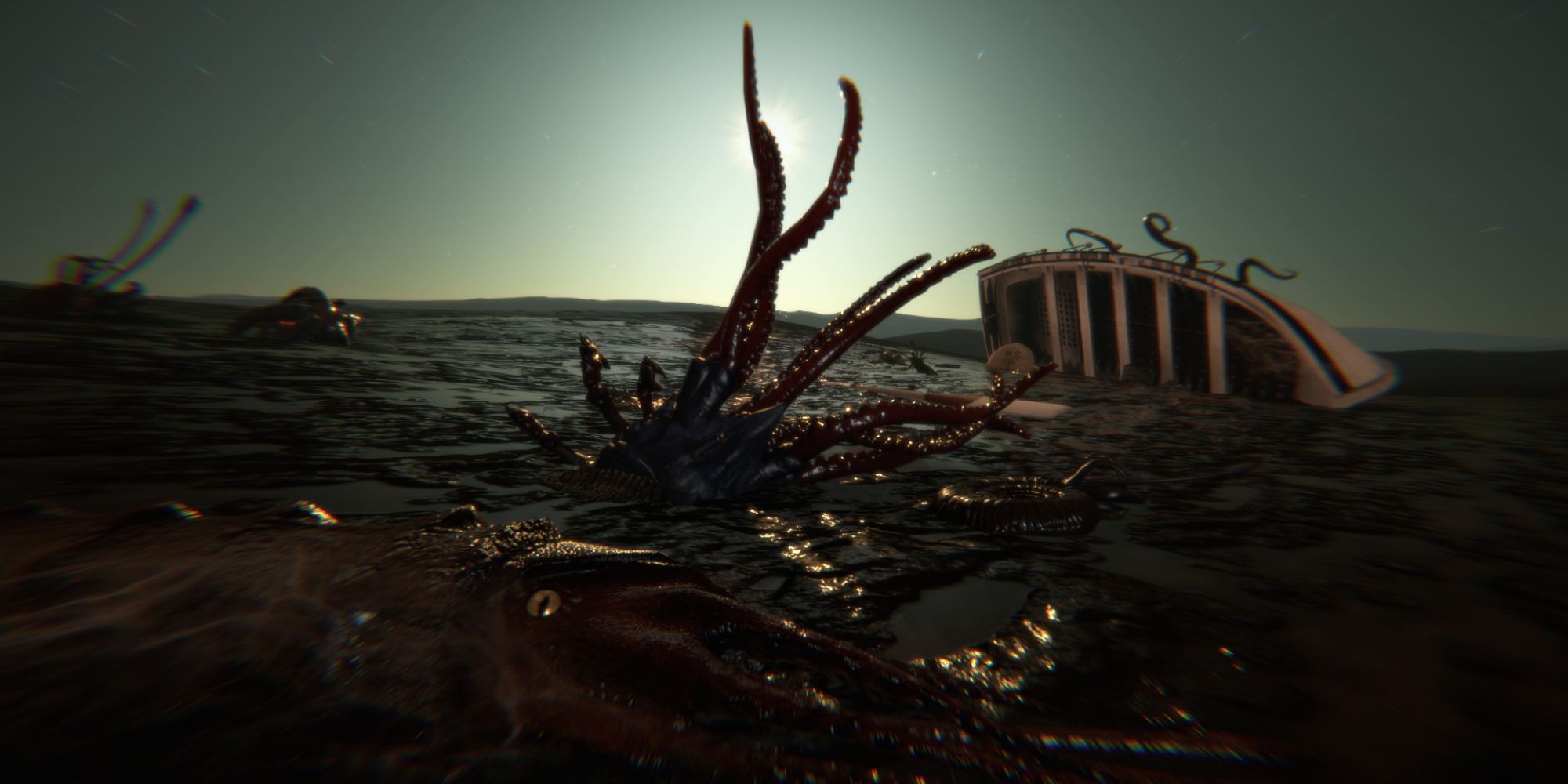 A mass of tentacles ungulate in the air, over a mass of black land and an overturned boat  best free horror games on steam