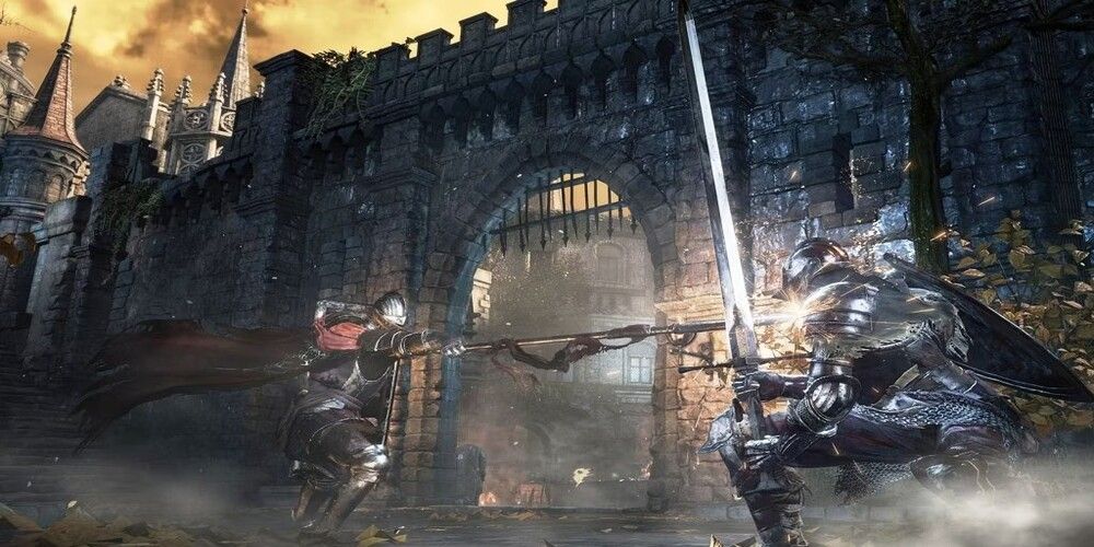 A knight blocking a spear attack with the Drakeblood Greatsowrd near the entrance to a castle.