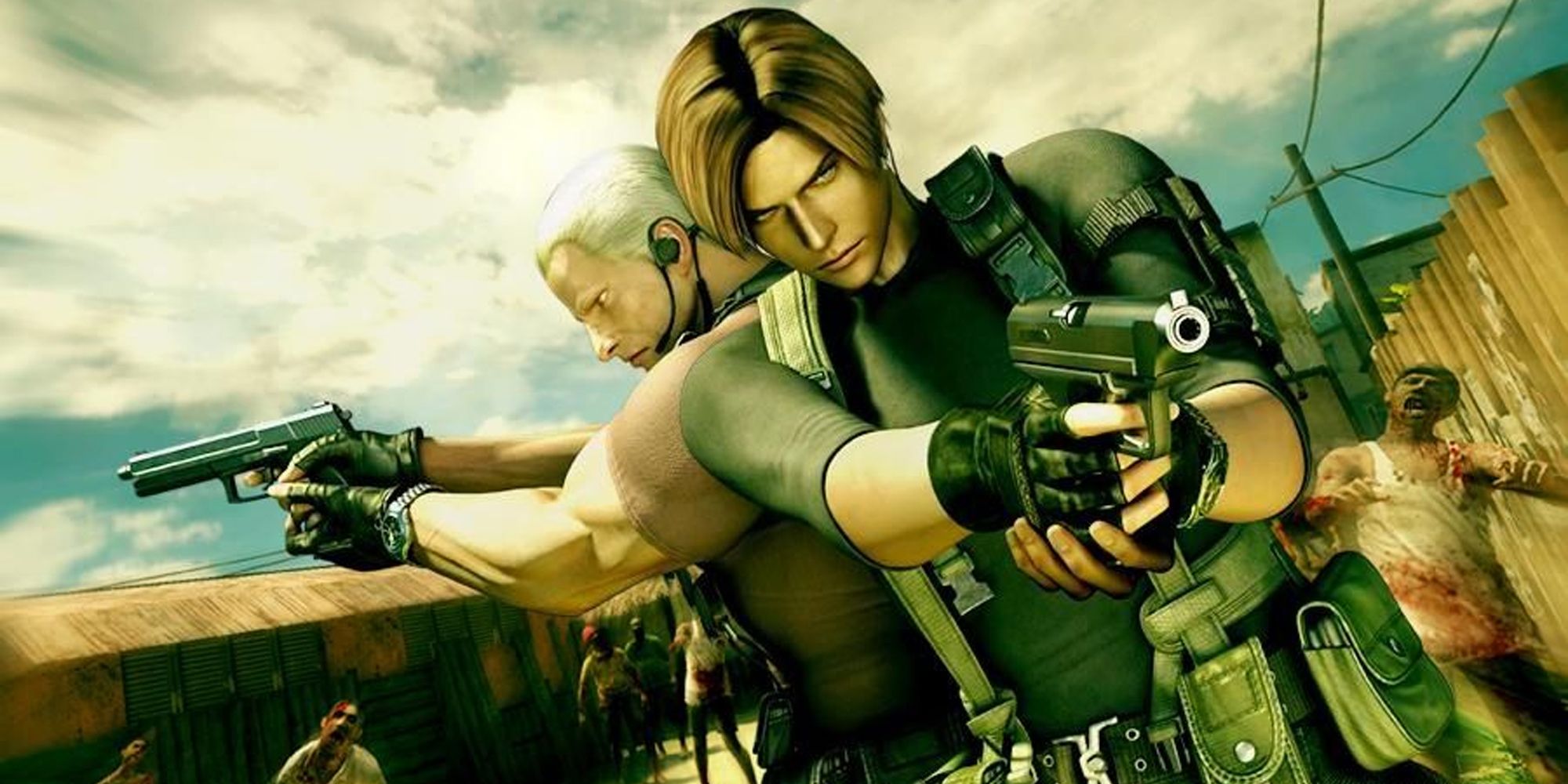 Resident Evil: Darkside Chronicles key art showing Leon and Krauser back-to-back fighting zombies