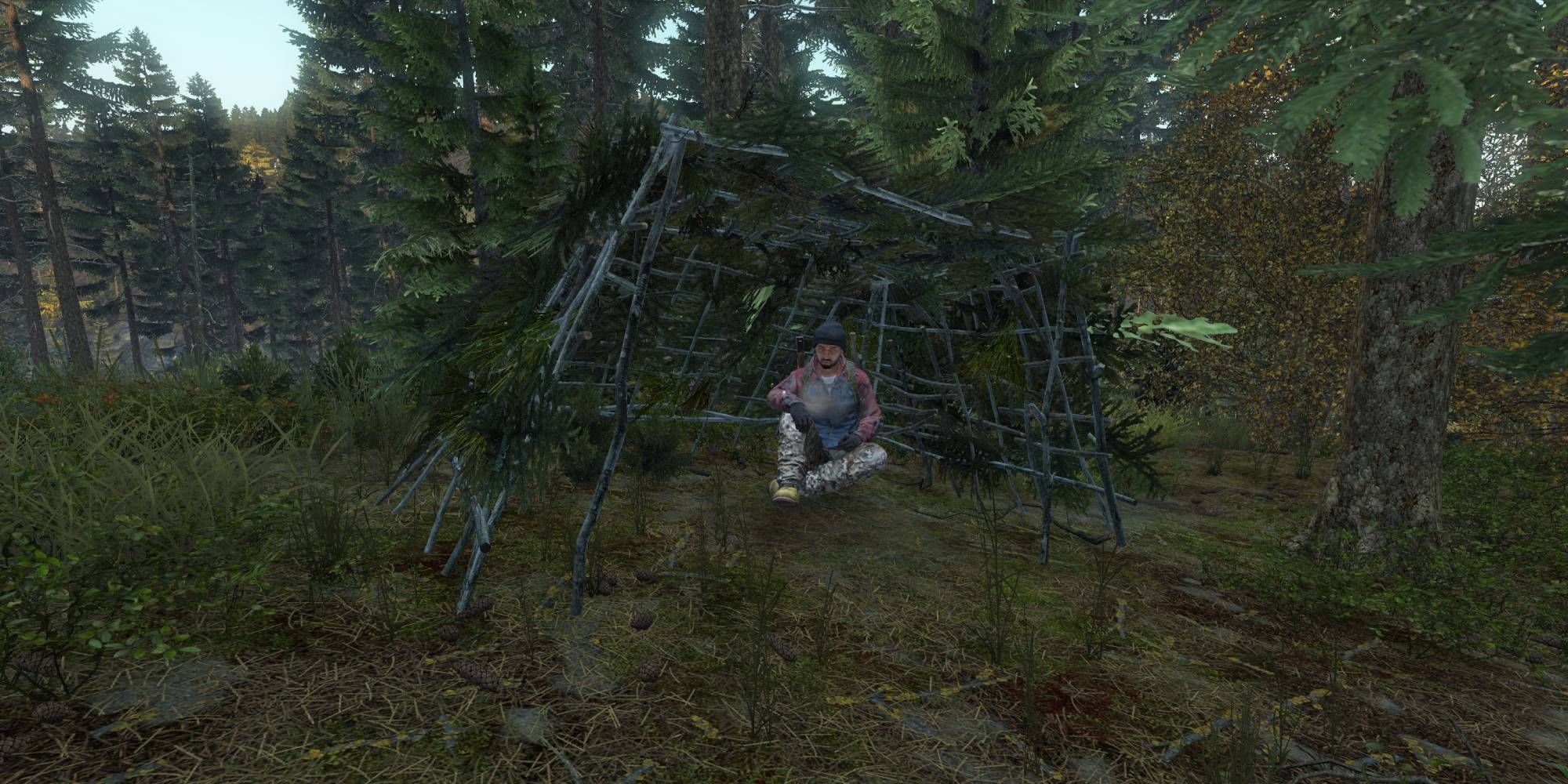 DayZ: A Player Sitting In An Improvised Shelter In The Woods