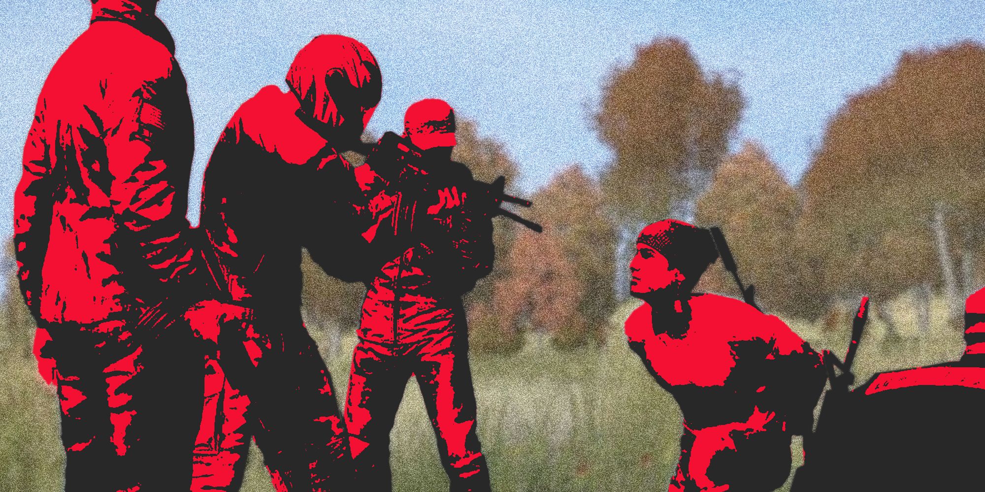 Three bandit players in DayZ standing over a captured player, stylized in all red.