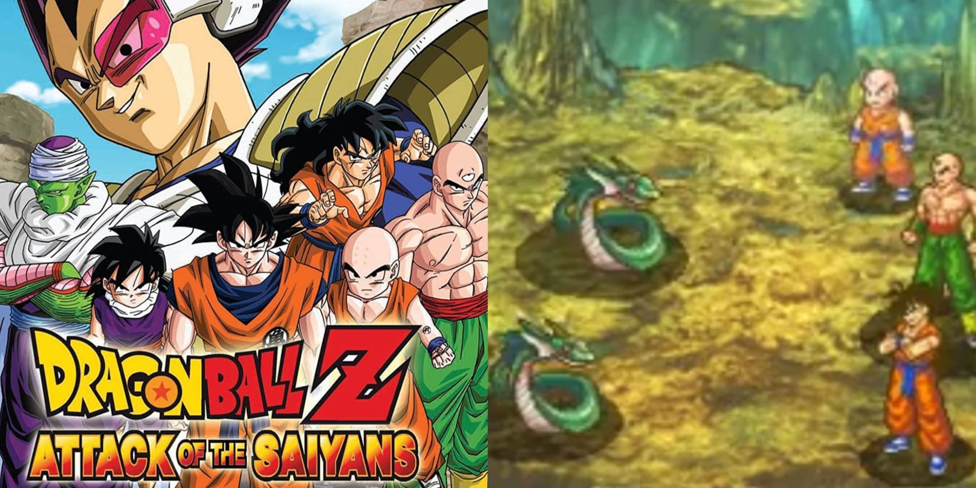 dbz attack of the saiyans cover and gameplay with cast and krillin, tien and yamcha fighting snakes