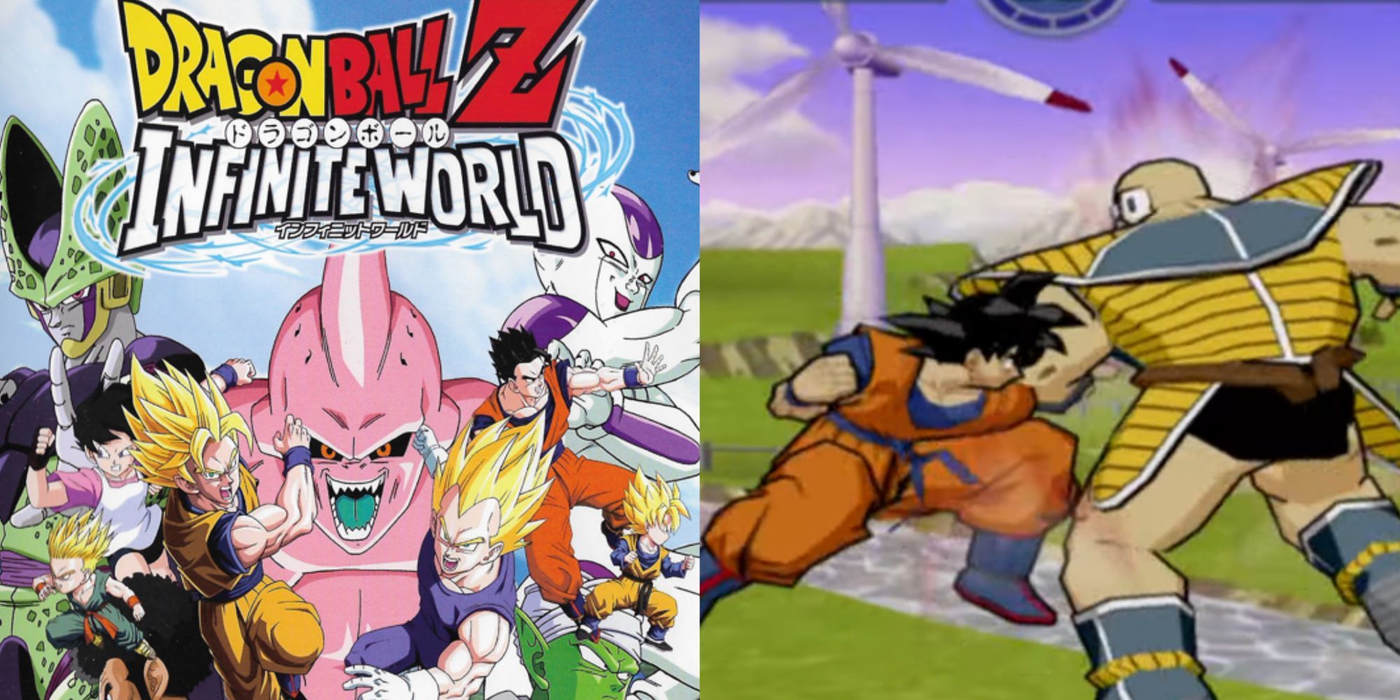 dbz infinite world coverwith heroes and villaiins and goku fighting nappa gameplay