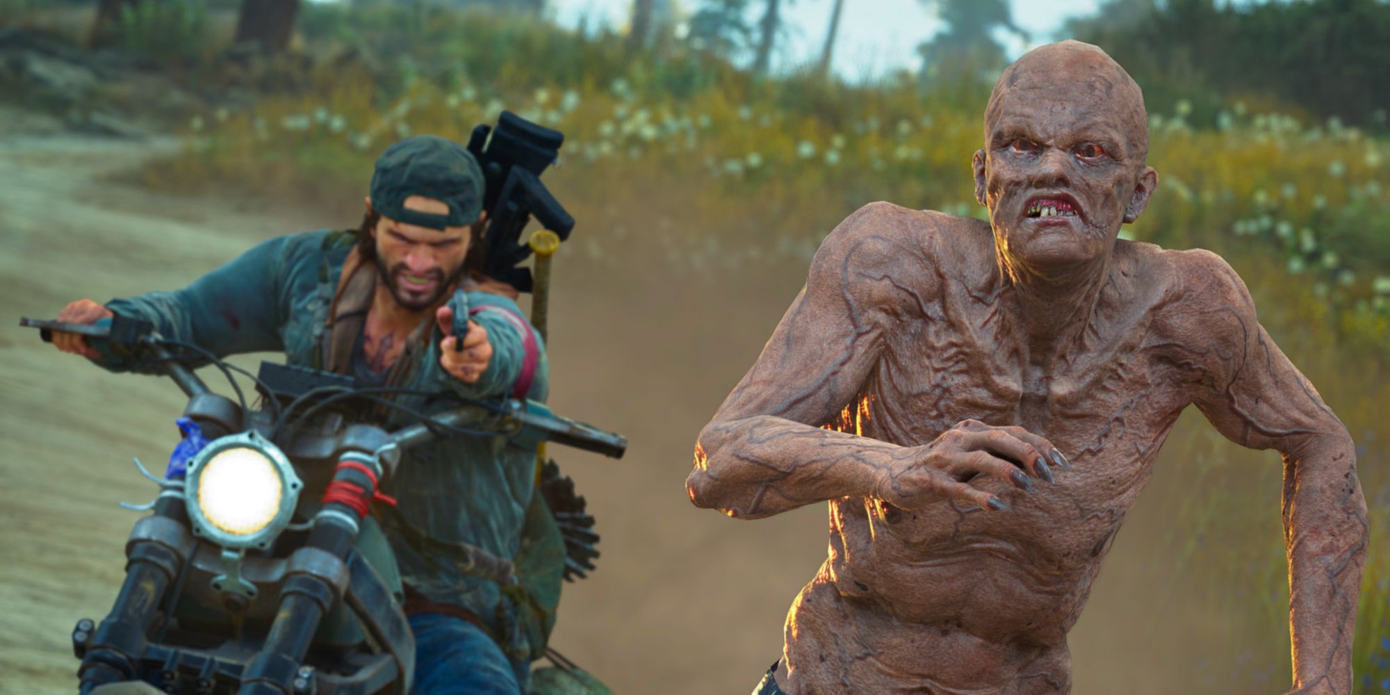 Deacon aiming a pistol at a zombie while on his motorcyle in Days Gone