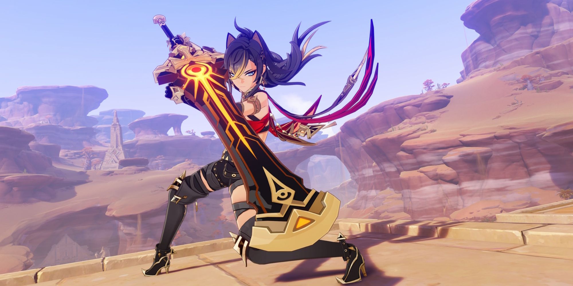 An image Dehya Genshin Impact standing with her great sword in the desert.