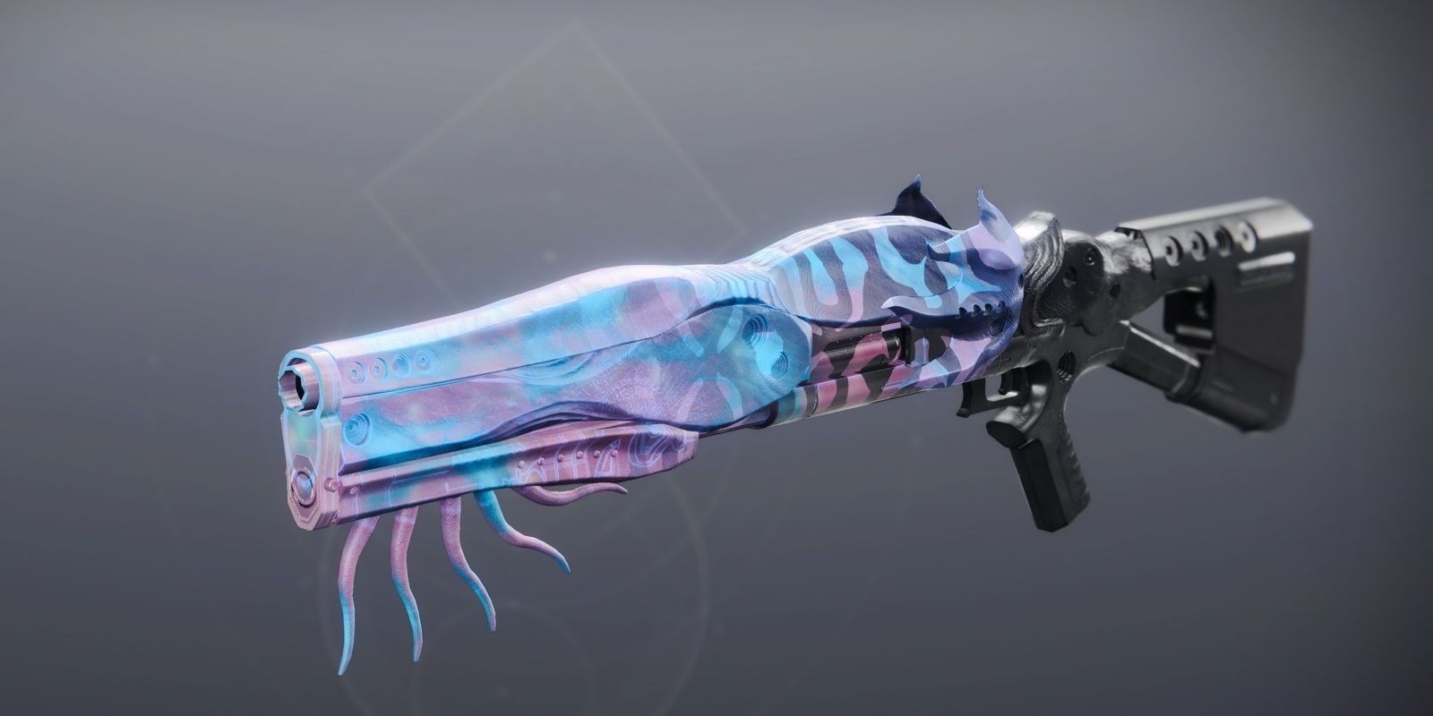 The shotgun, Nessa's Oblation glowing with pink and blue accents on a gray background.
