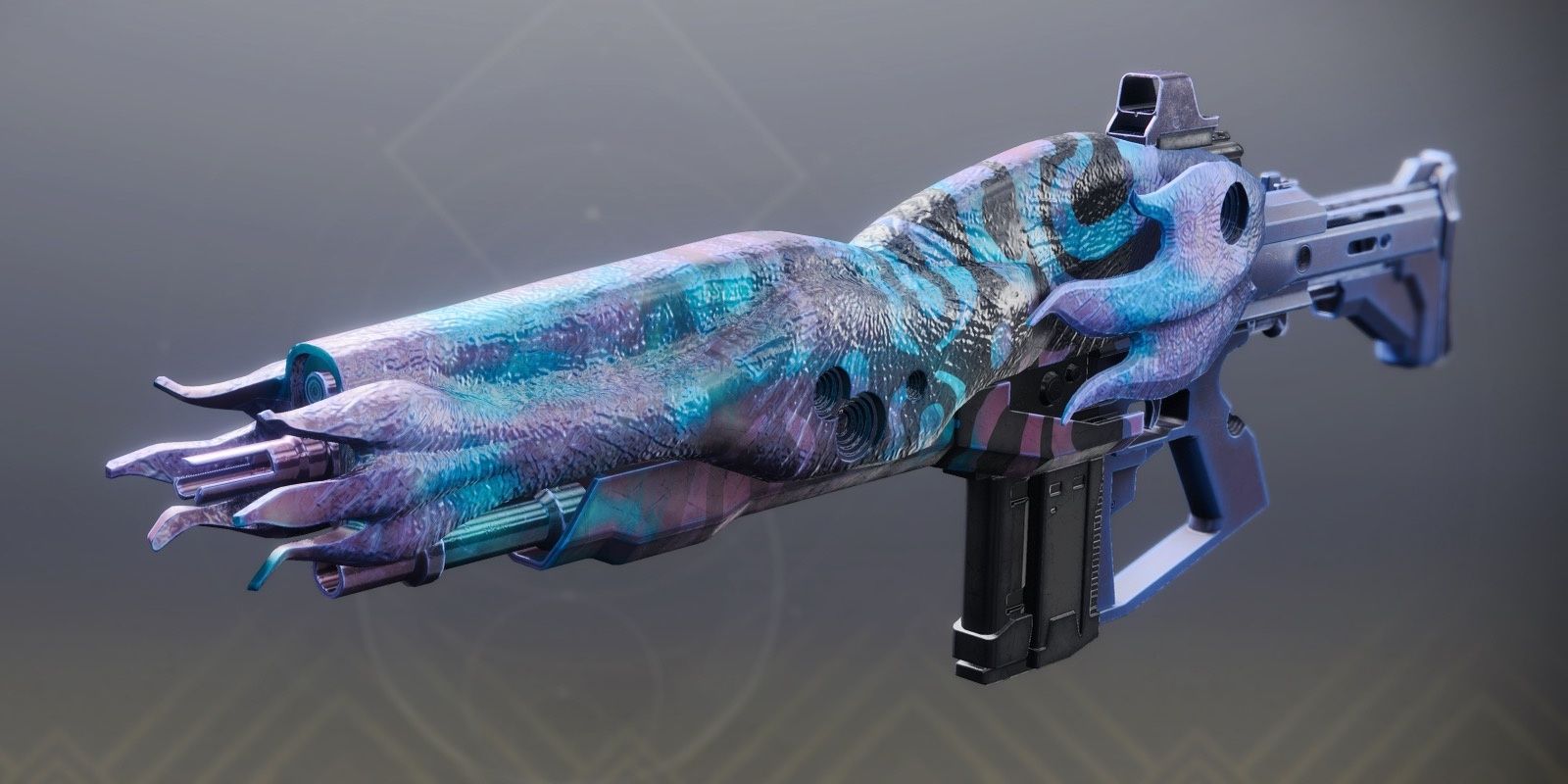 The Auto Rifle Rufus's Fury glows with purple and teal swirls on a gray background.