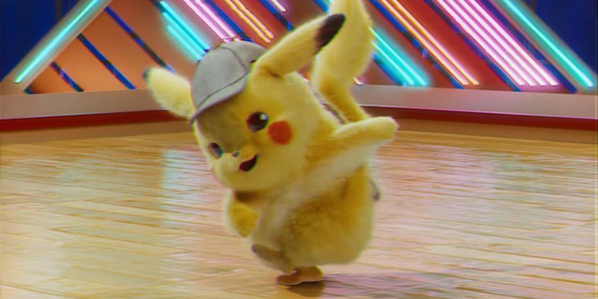 Detective Pikachu dances in a neon-lit room