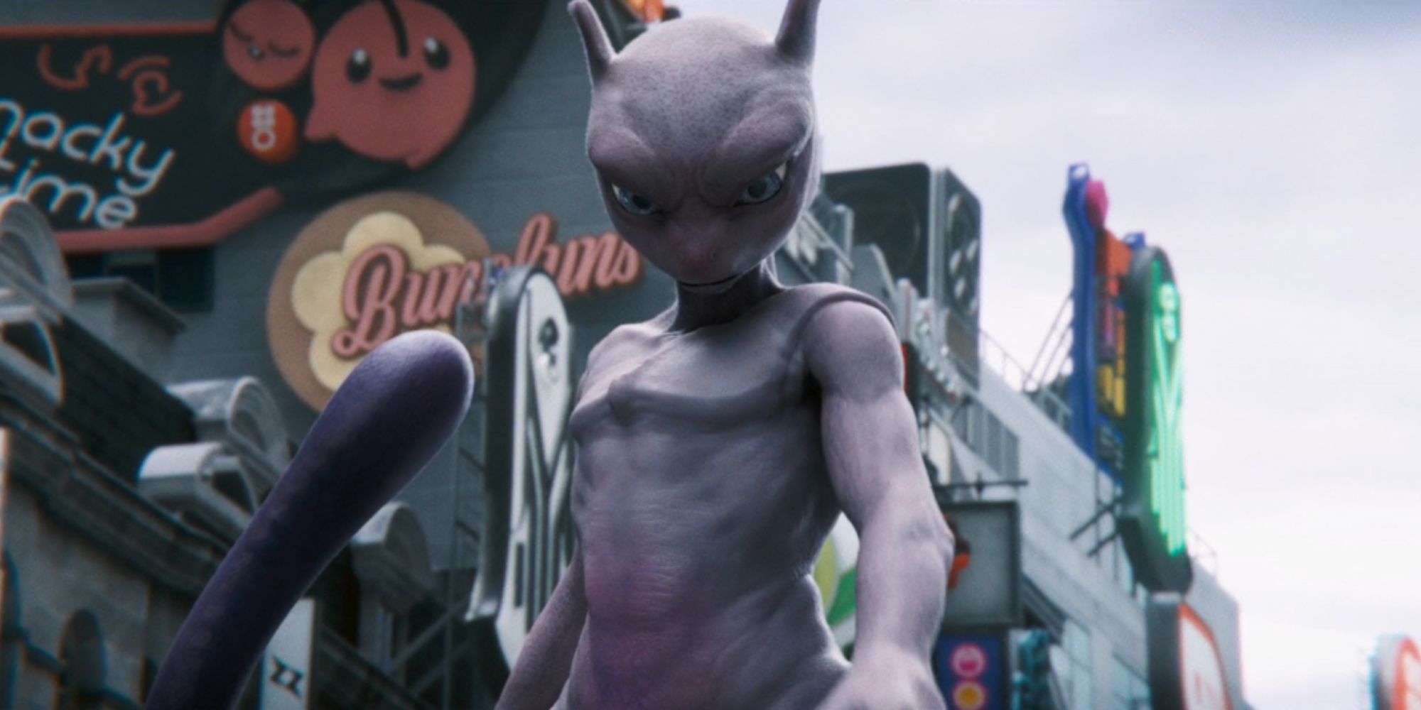 Mewtwo stands in the streets of Ryme City