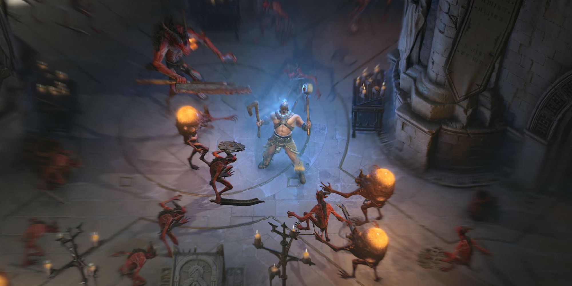 Man shouting in the middle of a horde of enemies in Diablo 4