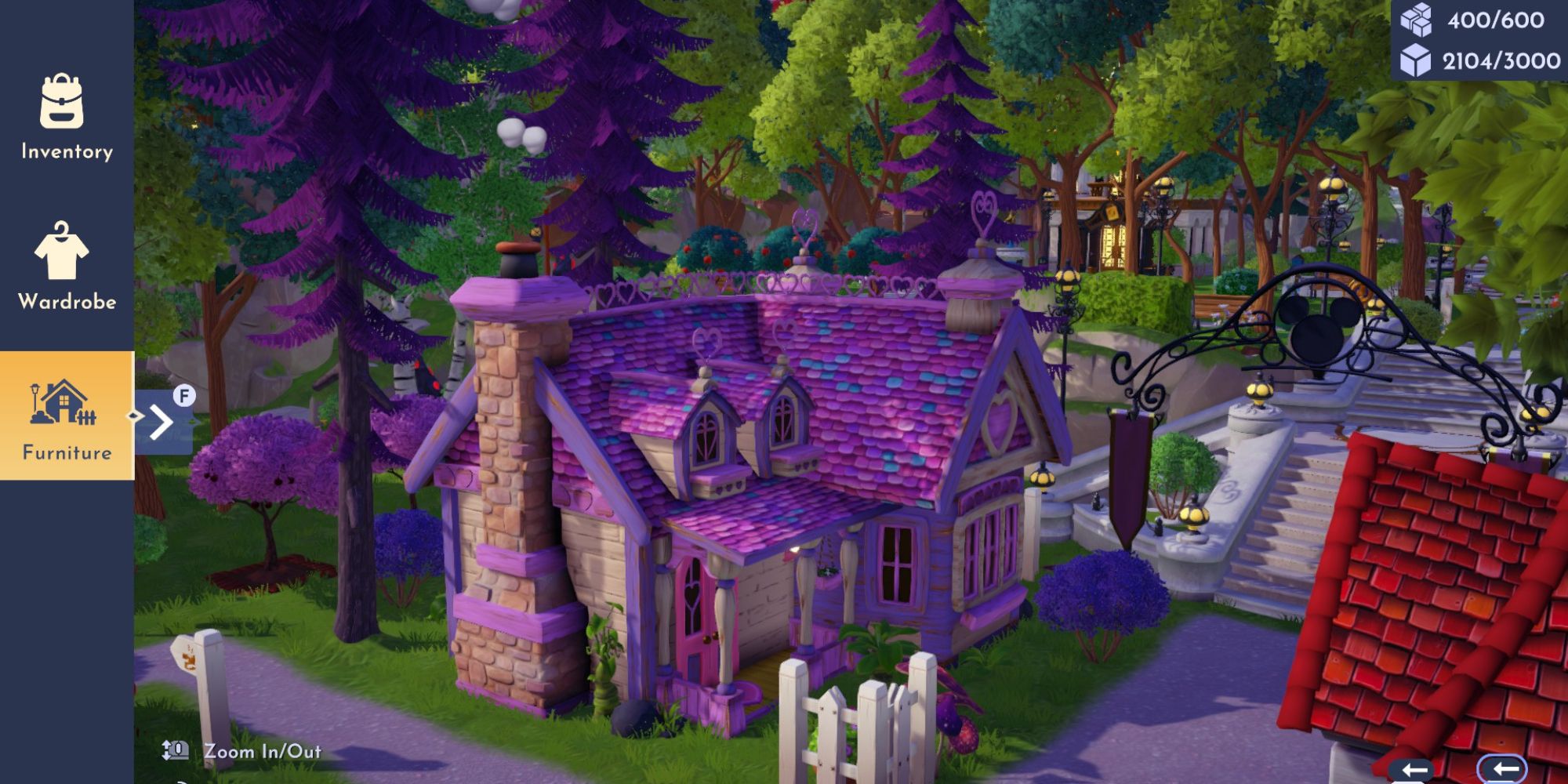 minnie mouse's house with purple trees around it