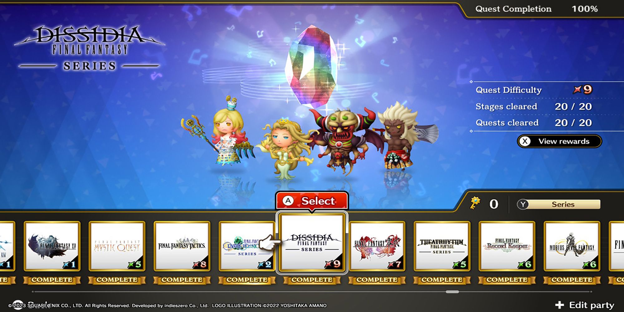 Materia, Cosmos, Chaos, and Spiritus stand below a glowing Rhythmia crystal in Theatrhythm: Final Bar Line's Series Title Select Screen.