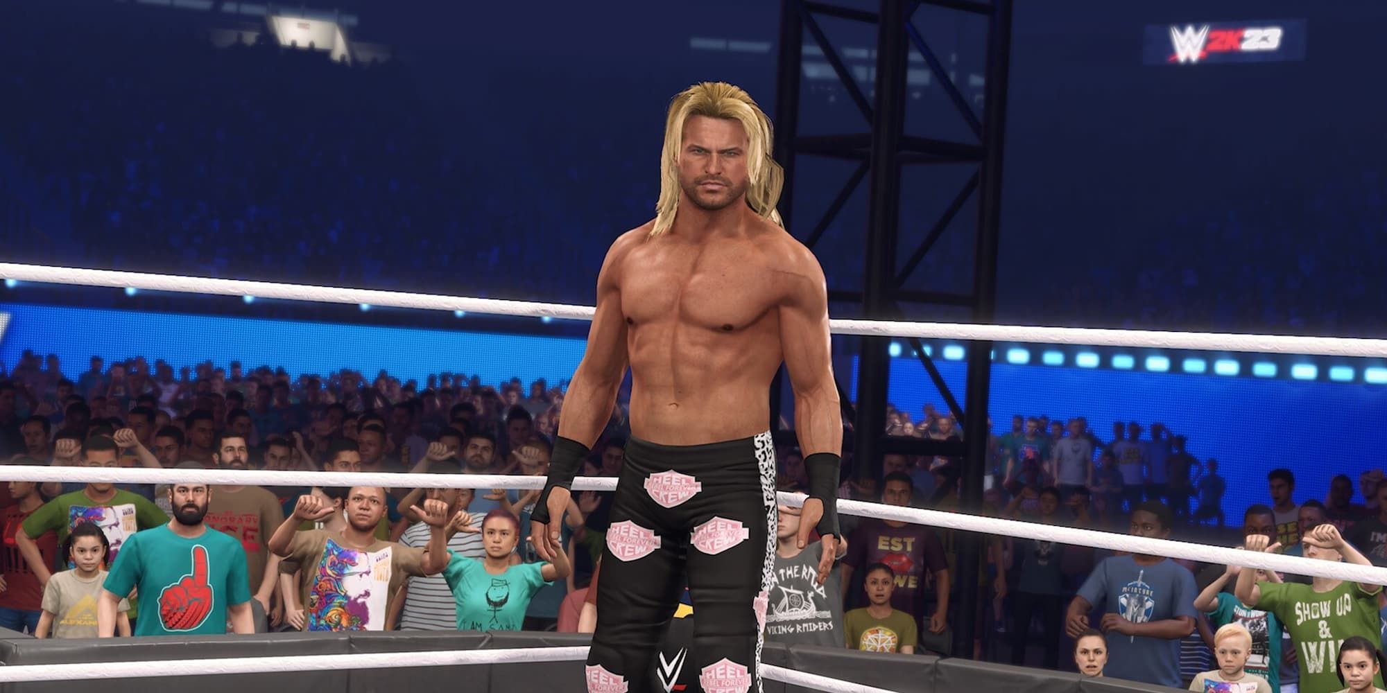 Dolph Ziggler stands in the corner of the ring, ready to wrestle in WWE 2K23.