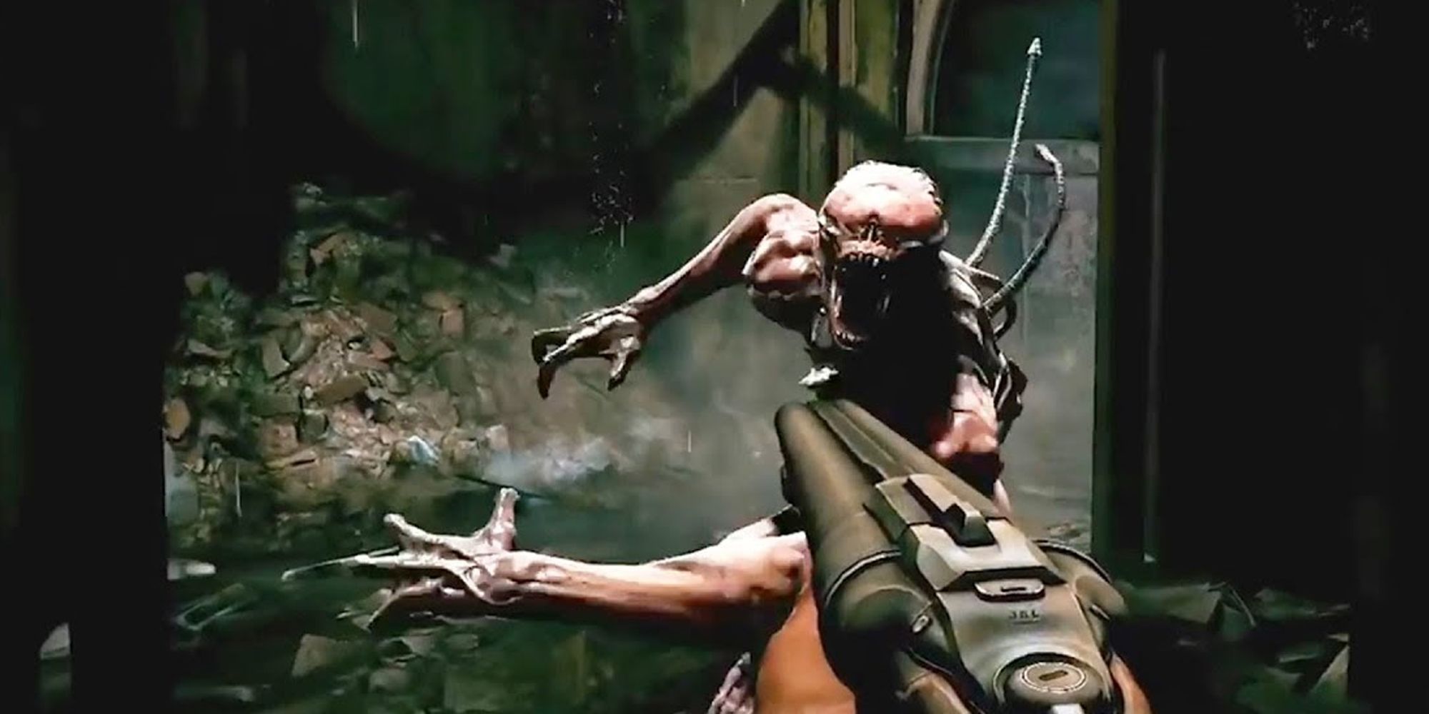 Doom 4 player pointing a double barrel shotgun at a demon with no eyes who is swinging at them