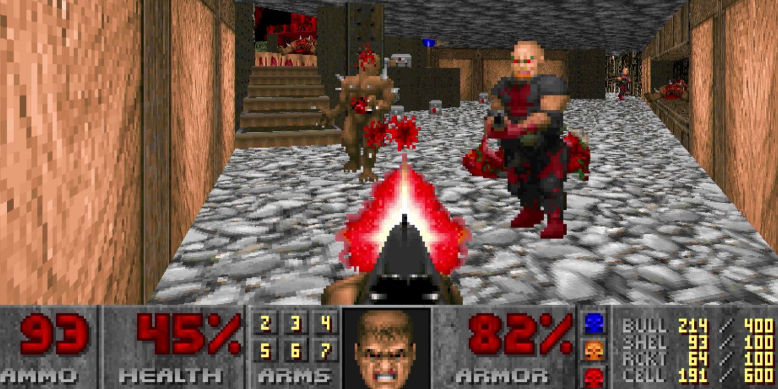 Doomguy shooting demons in Doom