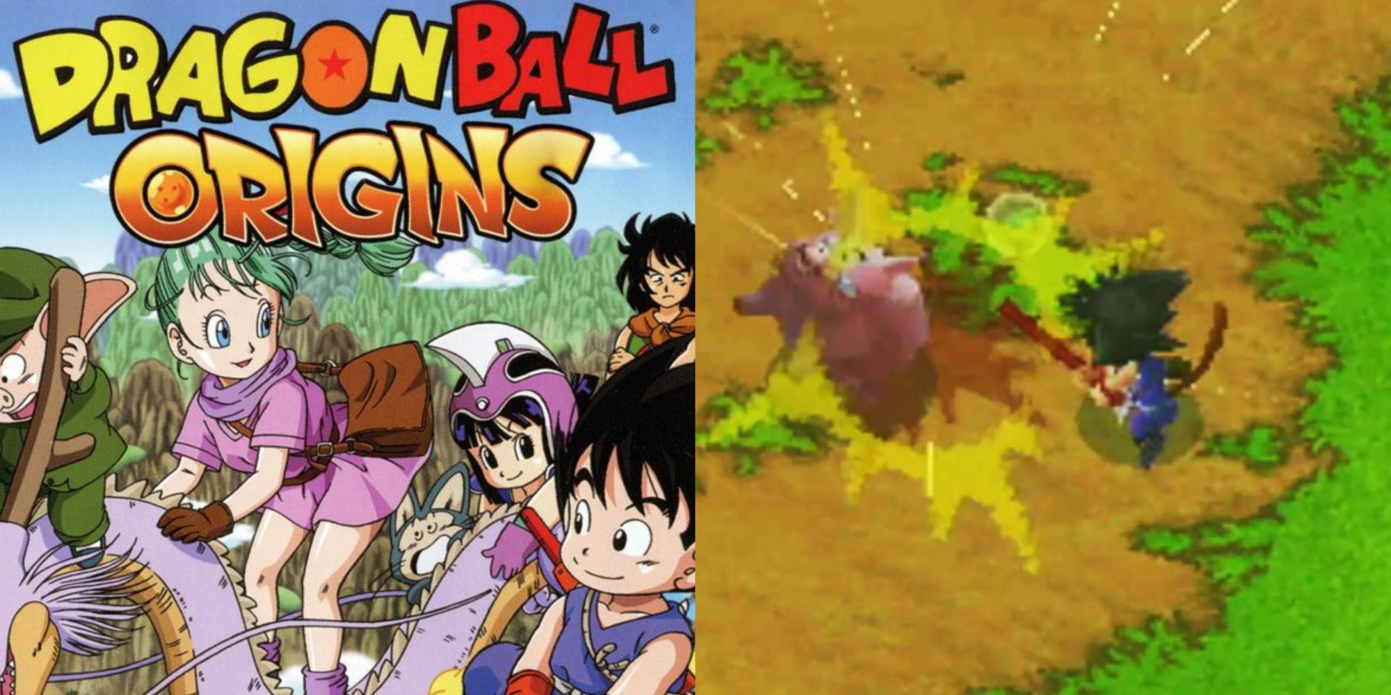 dragon ball origins cover with goku. bulma, and cast and goku fighting pig gameplay