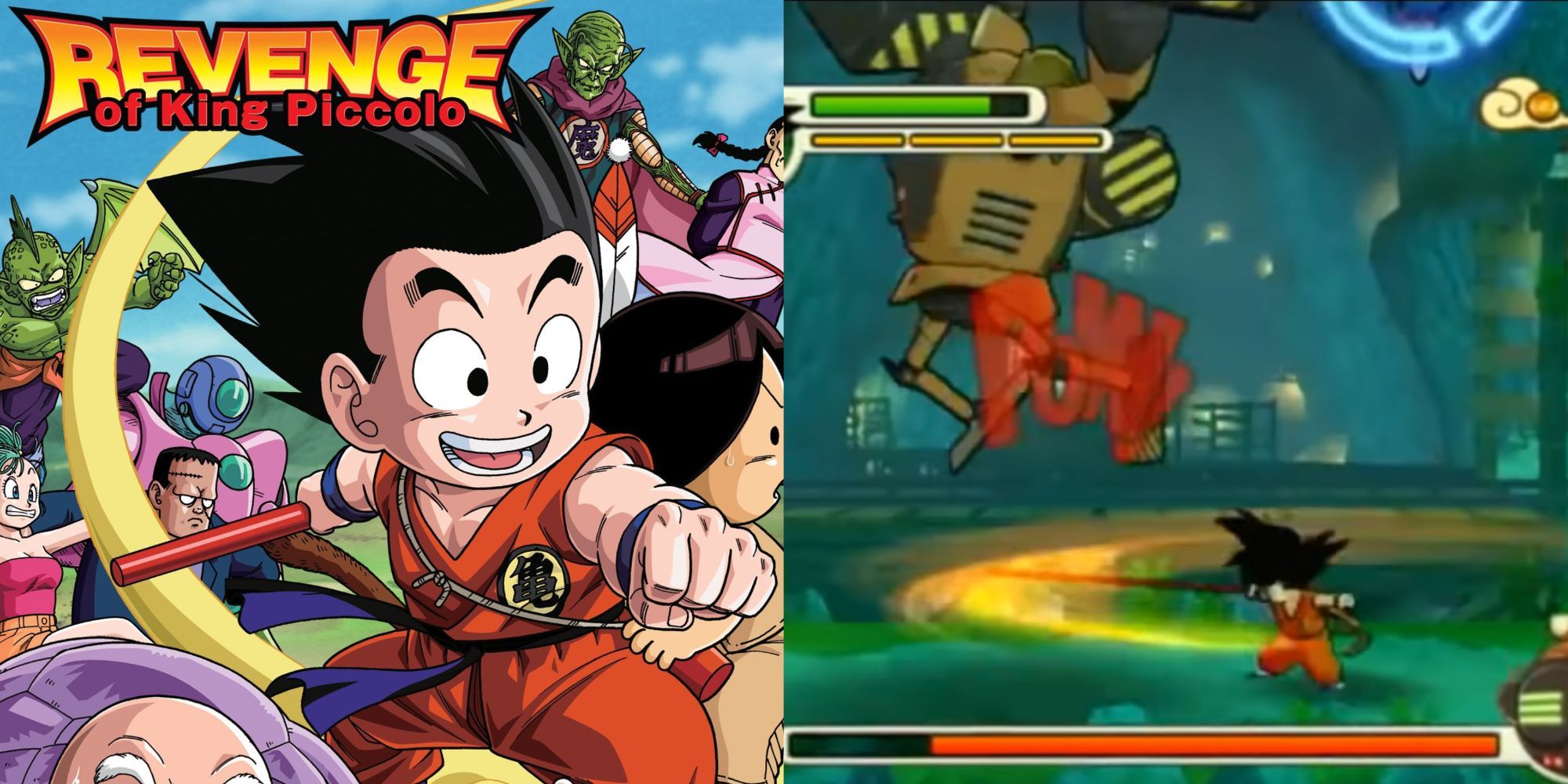 dragon ball revenge of king piccolo cover with goku and cast and goku fighting robot boss gameplay