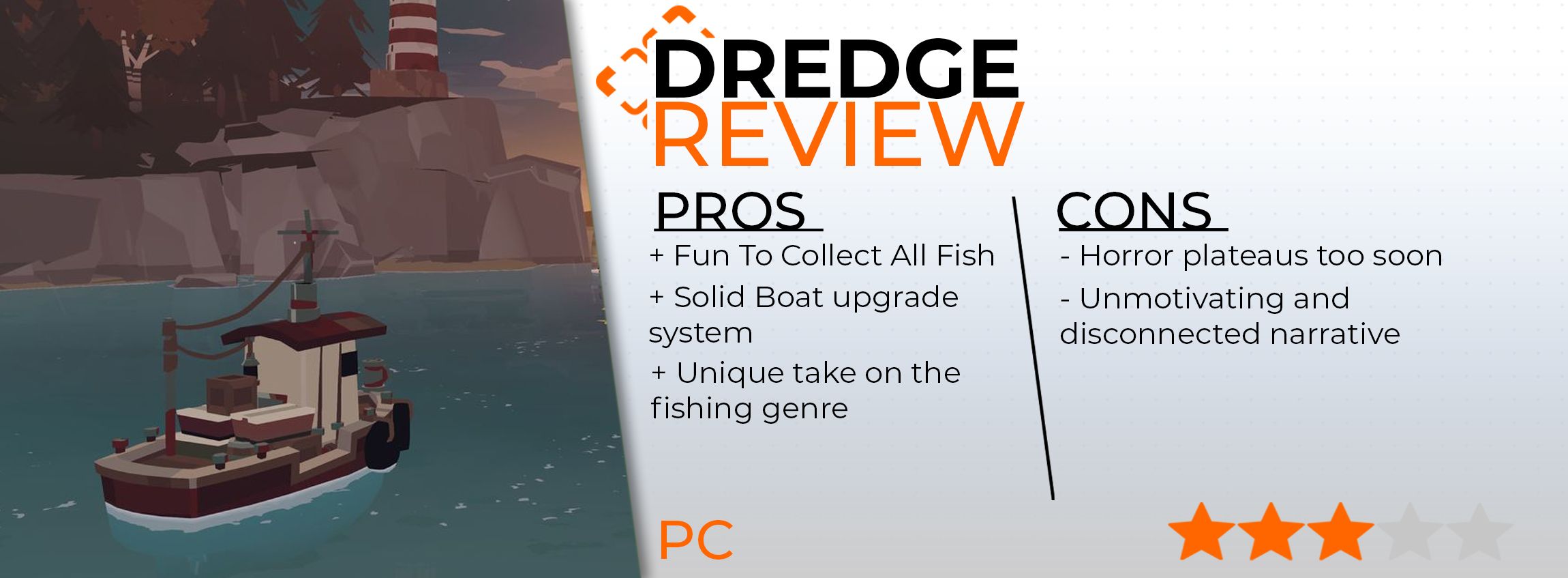 Dredge review card listing pros and cons