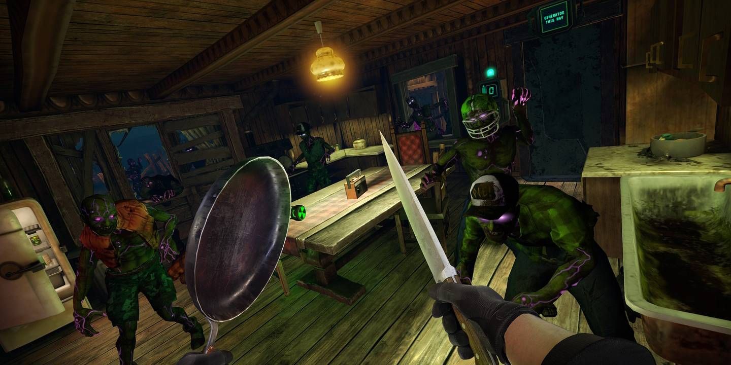 A player fights off undead with a knife and pan in Drop Dead: The Cabin