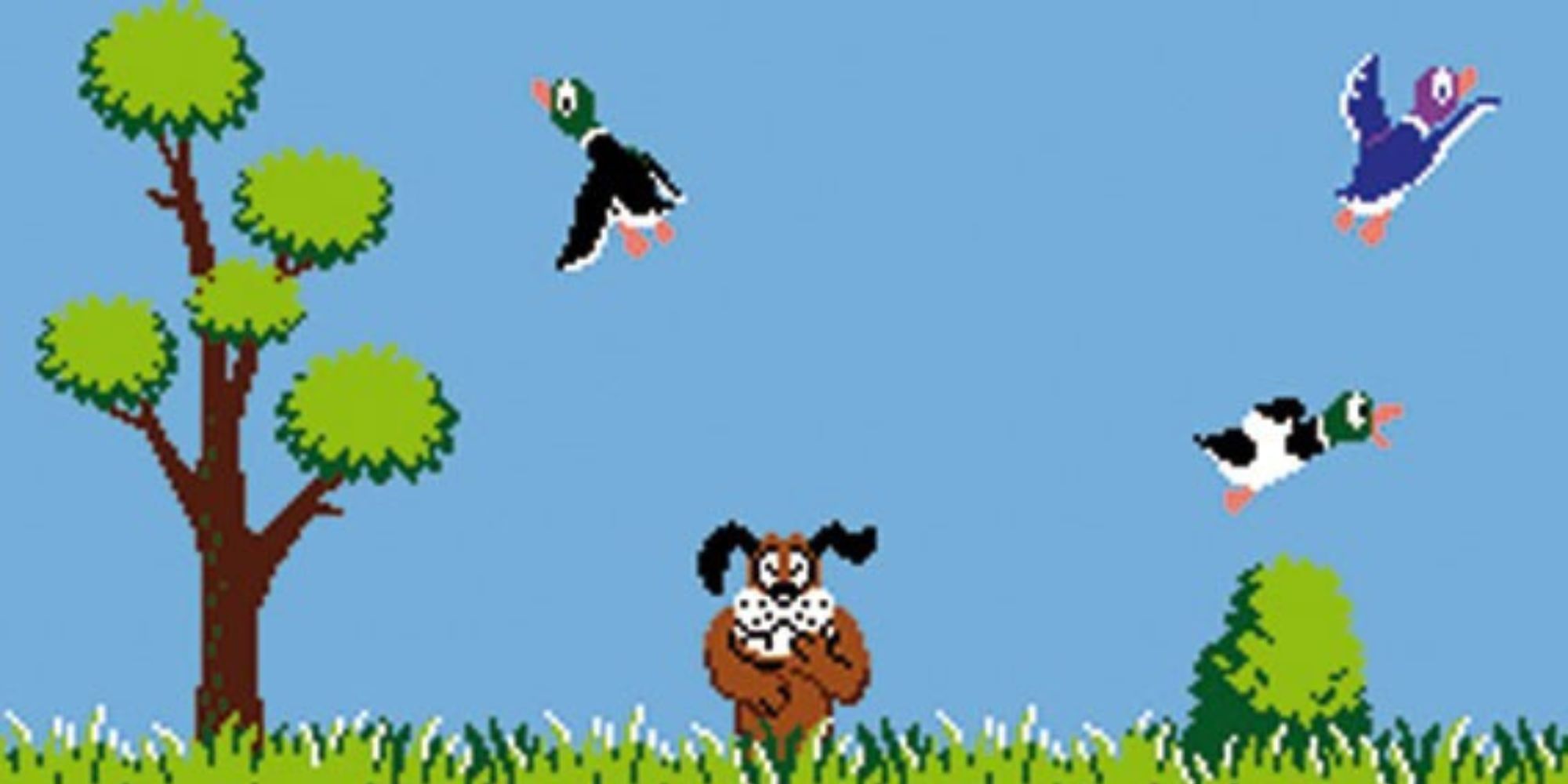 The Duck Hunt laughs as multiple ducks fly away