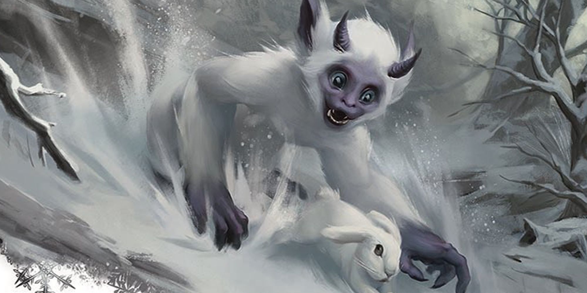 dungeons and dragons - baby yeti running next to a snow hare in a snowy enviornment