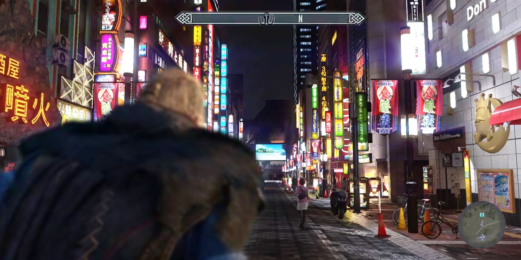 Eivor from AC entering Kamurocho with a Skyrim compass and Final Fantasy 15 minimap